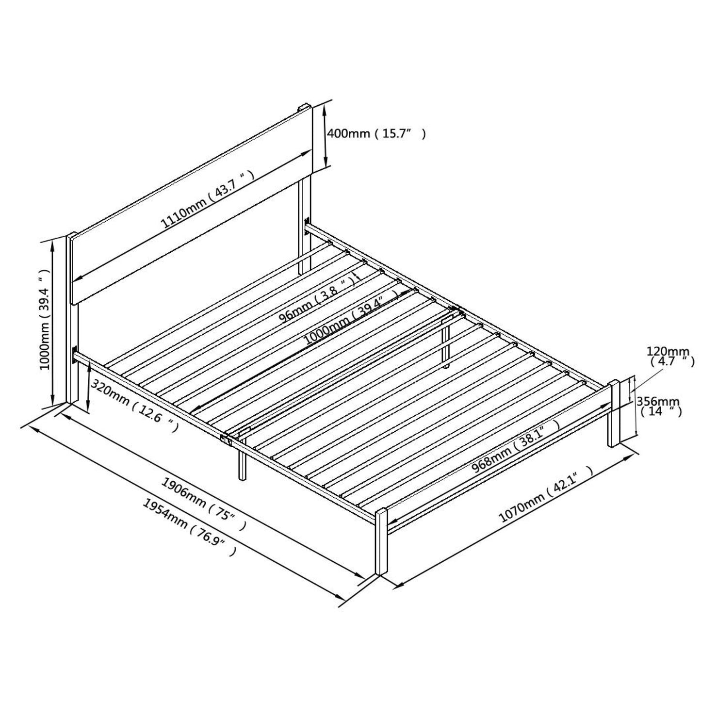 Technical drawing of a king size bed frame with dimensions labeled for easy assembly