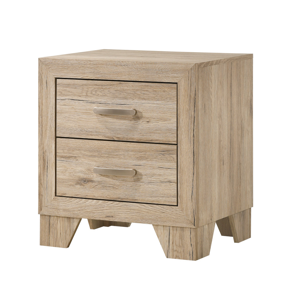 Light oak wood veneer nightstand with two silver pull drawers perfect for bedroom storage