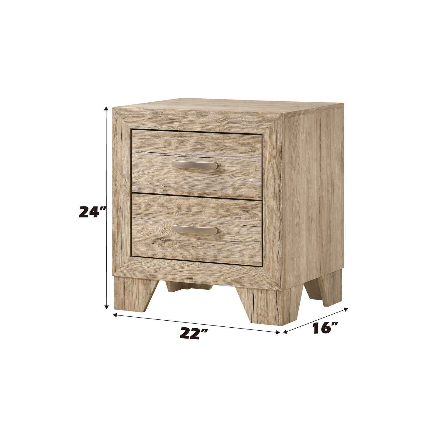 Light brown wooden nightstand with two drawers and brushed nickel pulls