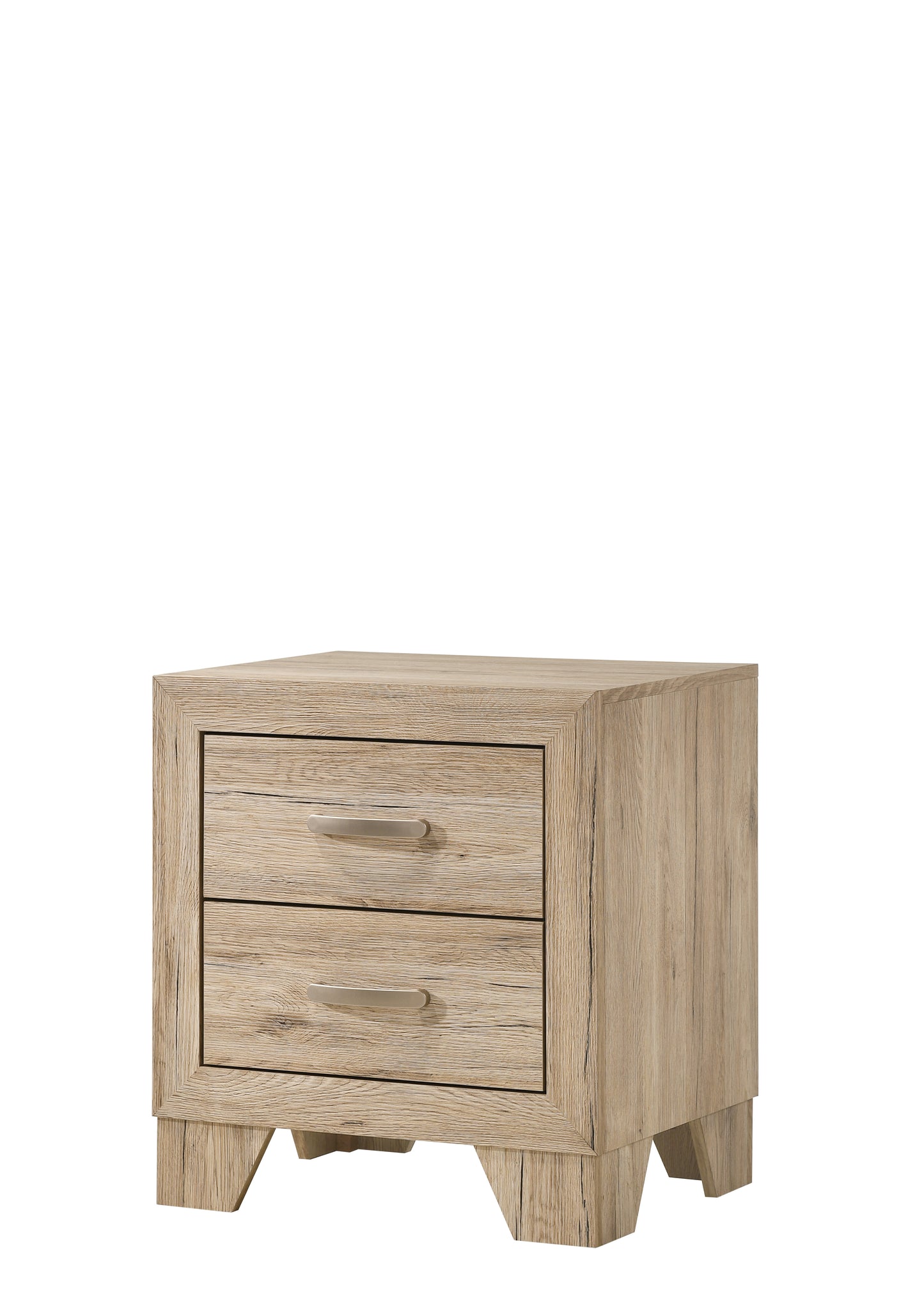 Light brown wood grain twodrawer nightstand with brushed nickel handles and angled legs