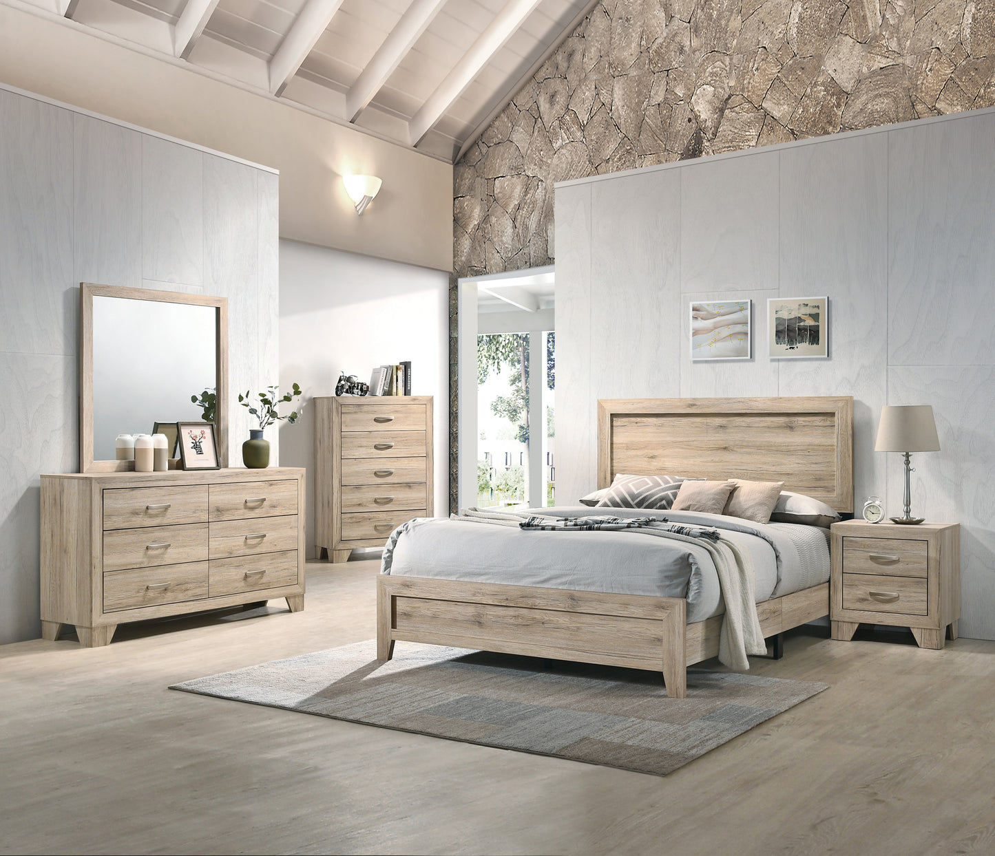 Light wood king bed frame with textured headboard minimalist design