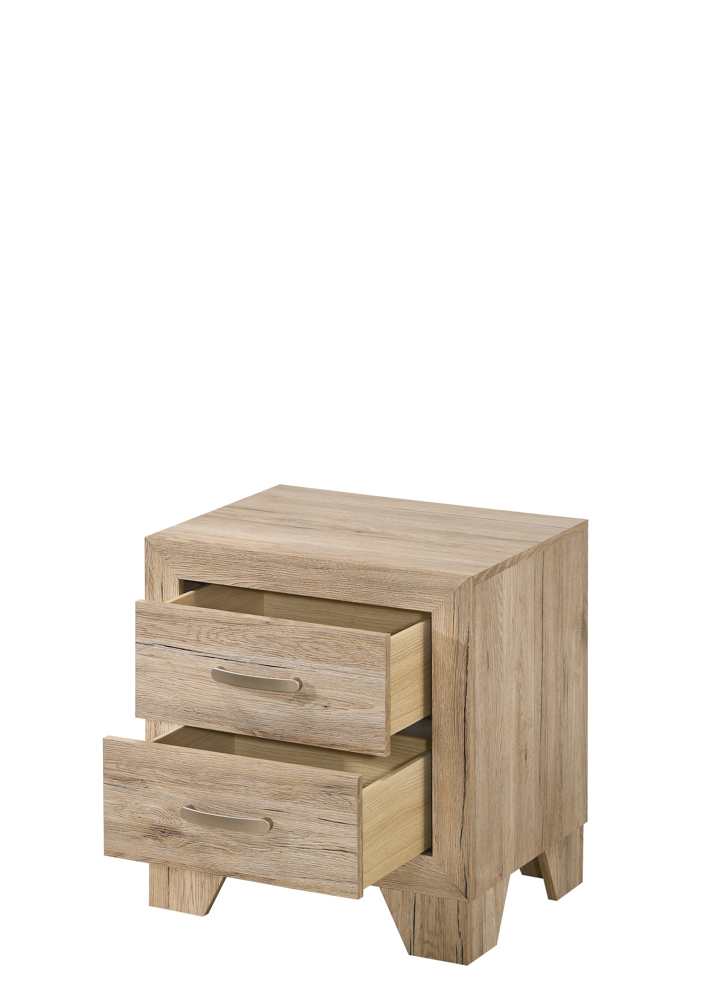 Light oak twodrawer nightstand with brushed nickel handles