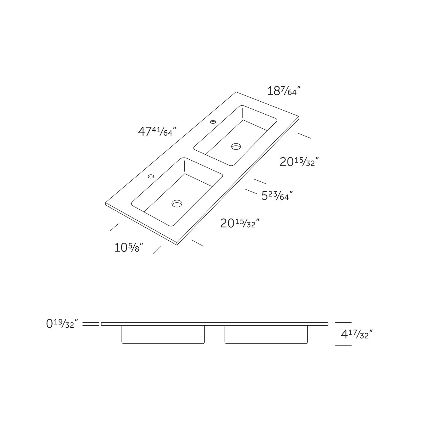 Technical drawing of a dual basin vanity top showing dimensions and sink placement