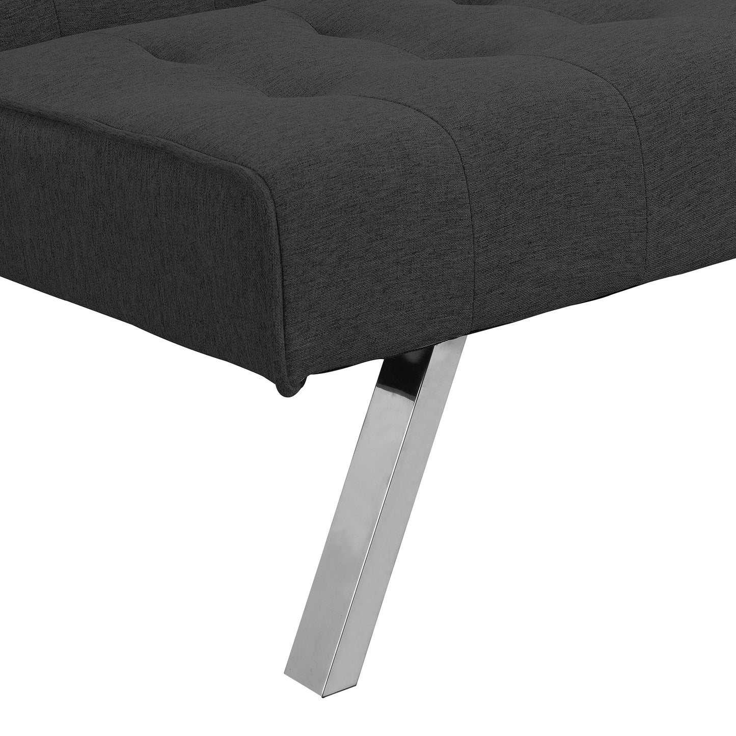 Dark charcoal upholstered sofa with tufted cushions and sleek chrome legs