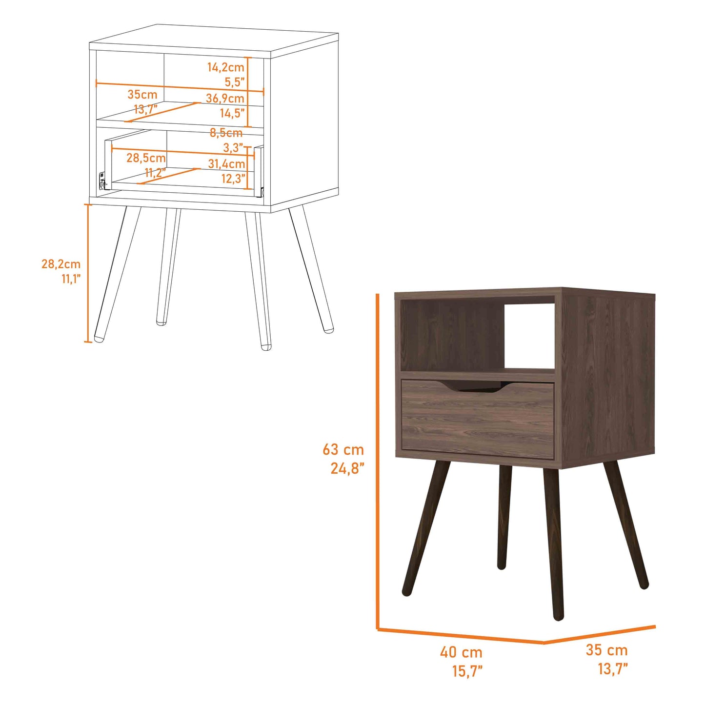 Walnut brown bedside table with one drawer and an open shelf featuring midcentury modern tapered legs
