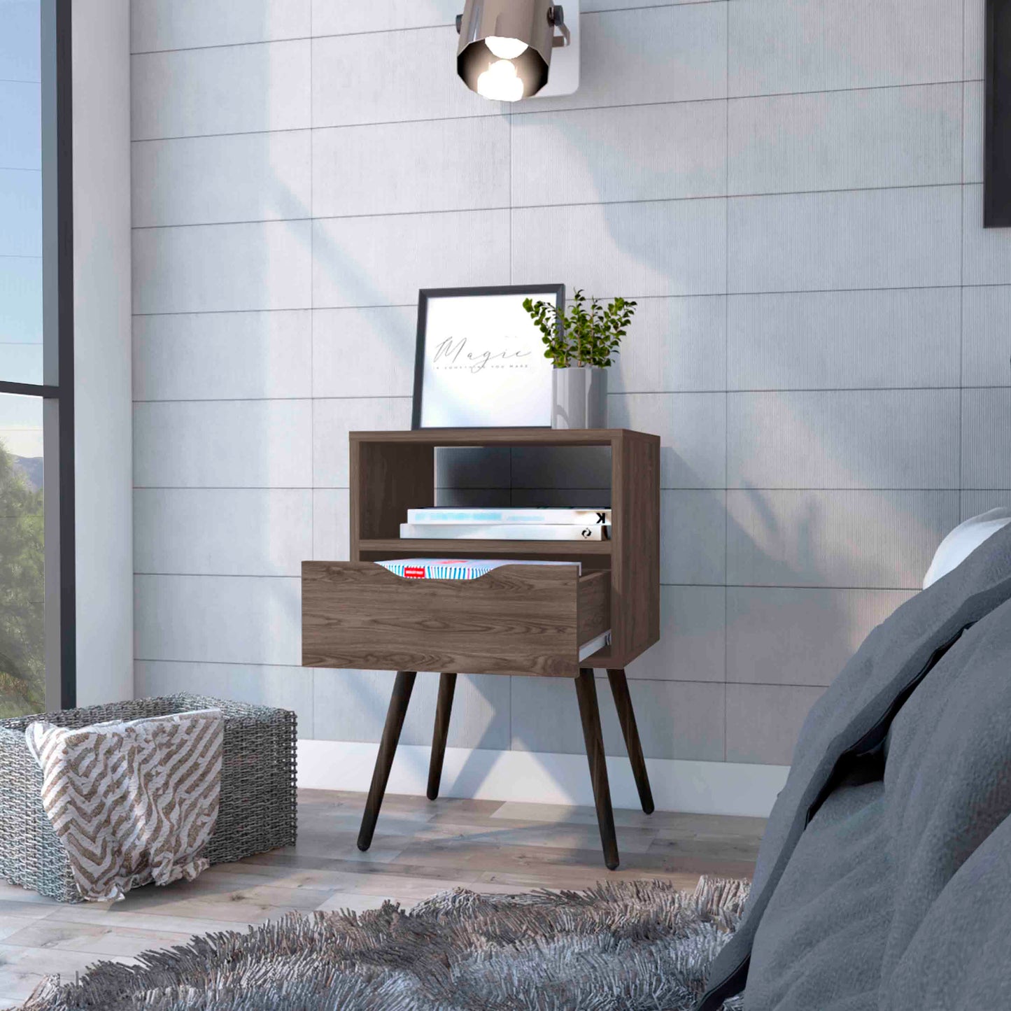 Modern walnut nightstand with angled legs and open shelf space