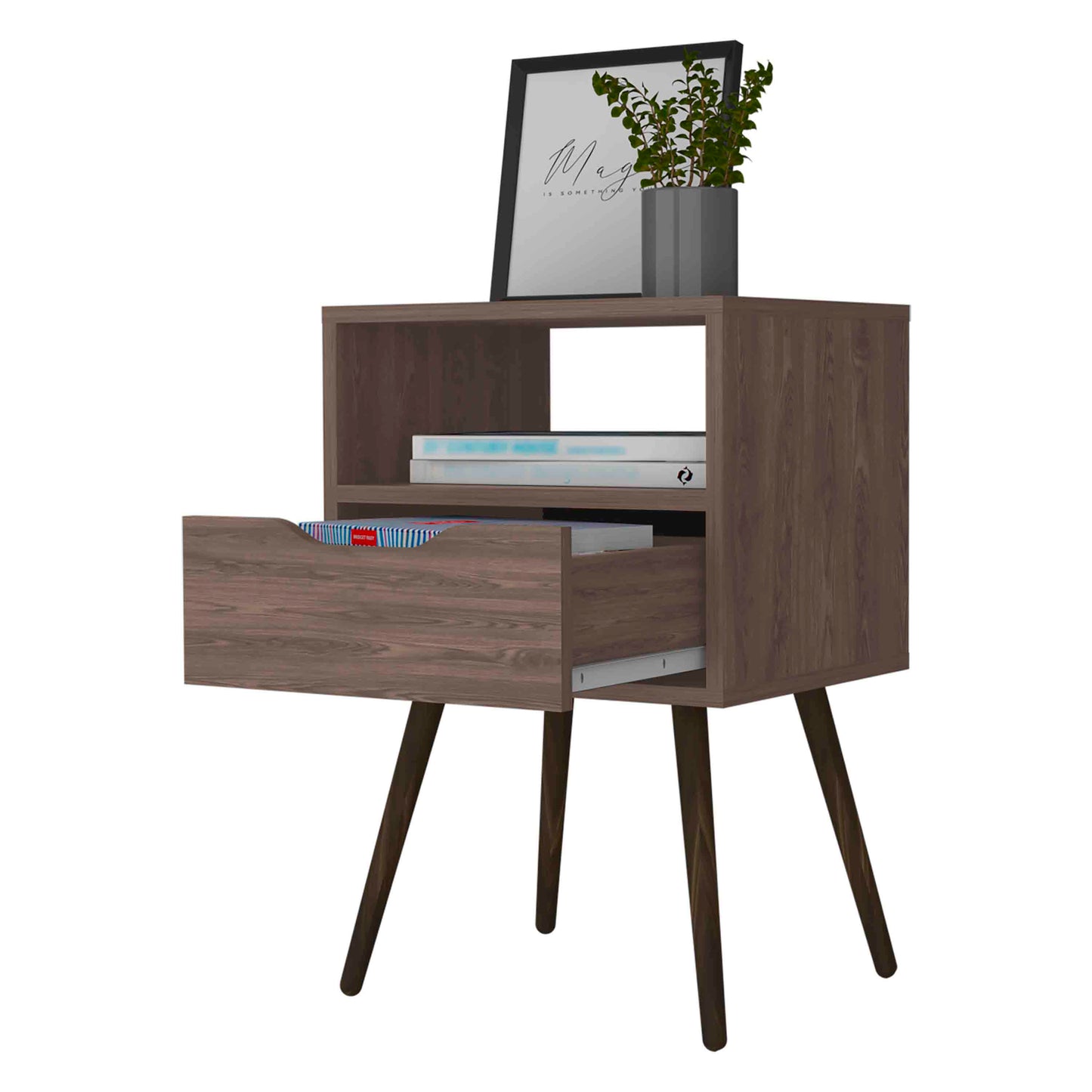 Dark walnut bedside table with open shelf drawer and tapered legs