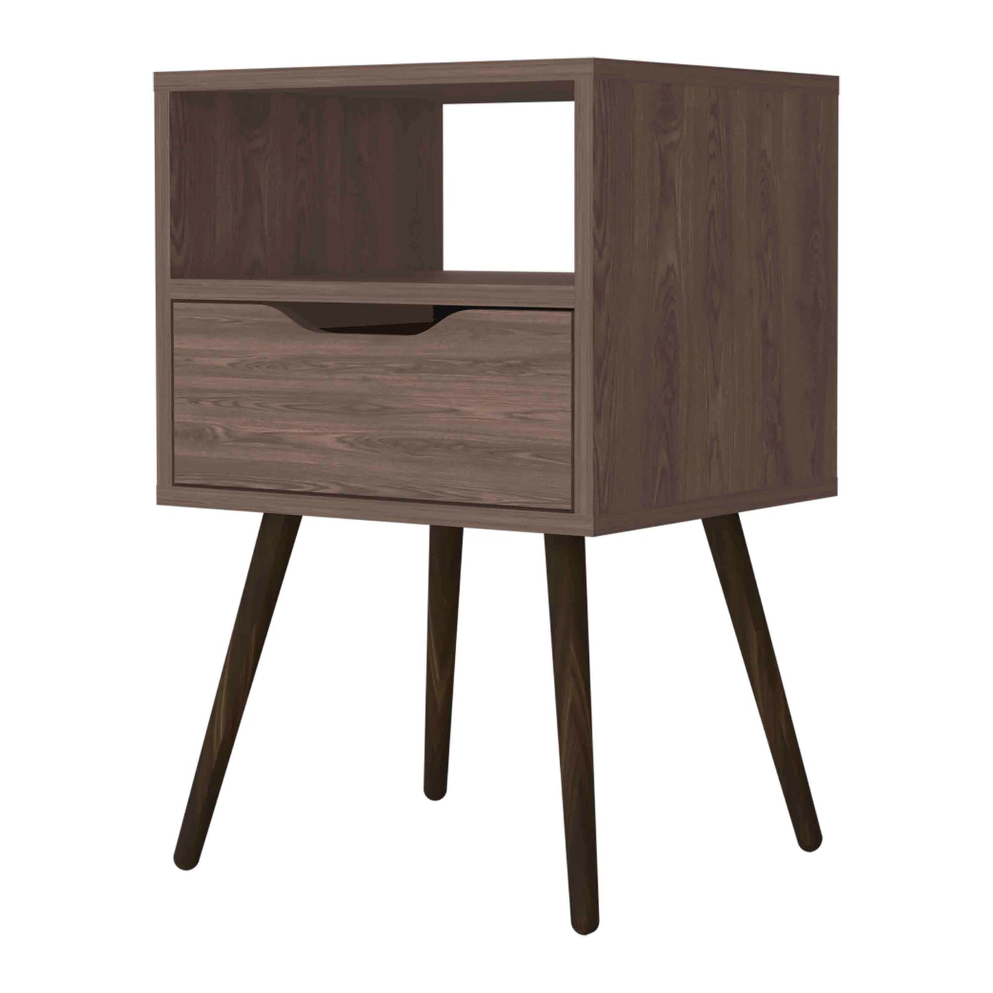 Dark wood bedside table with one drawer and open shelf midcentury modern style