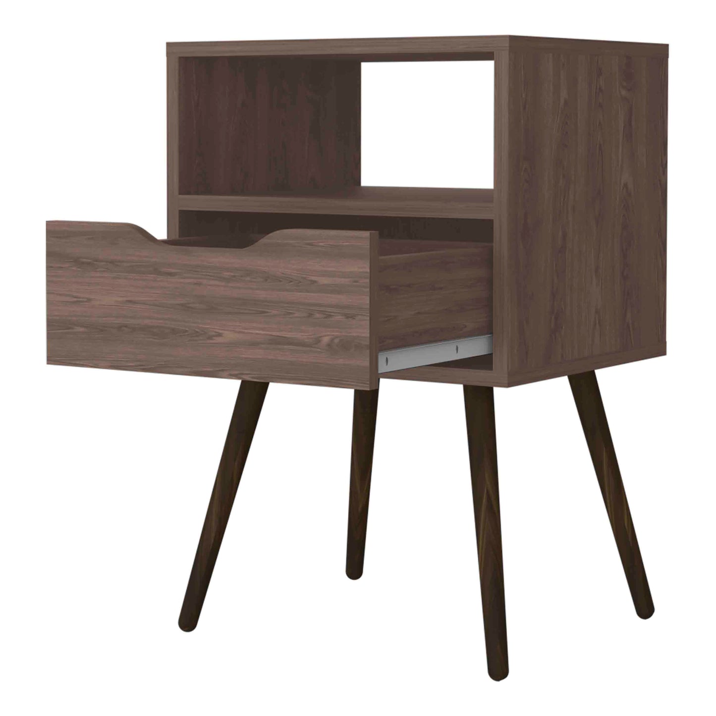 Midcentury modern nightstand with open shelf and one dark wood drawer pulled out