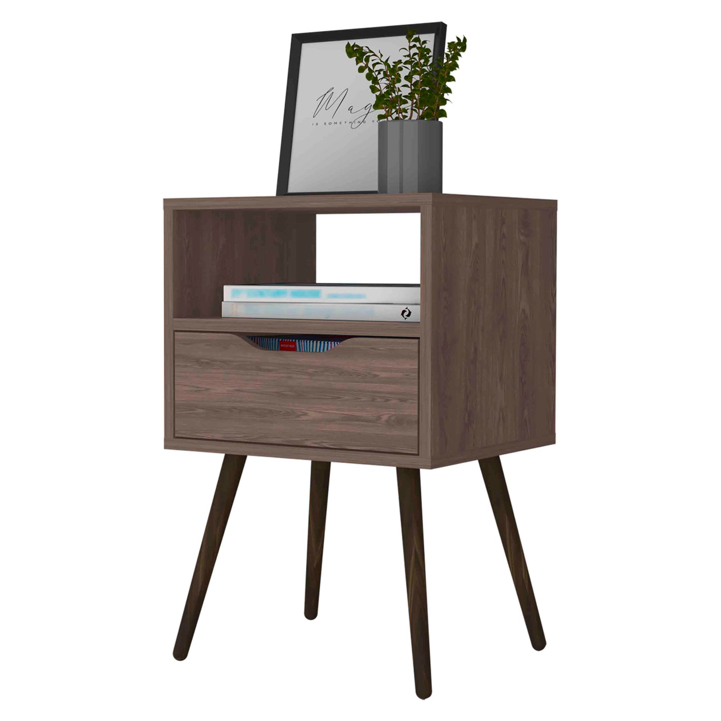 Dark wood bedside table with one drawer and open shelf featuring angled legs