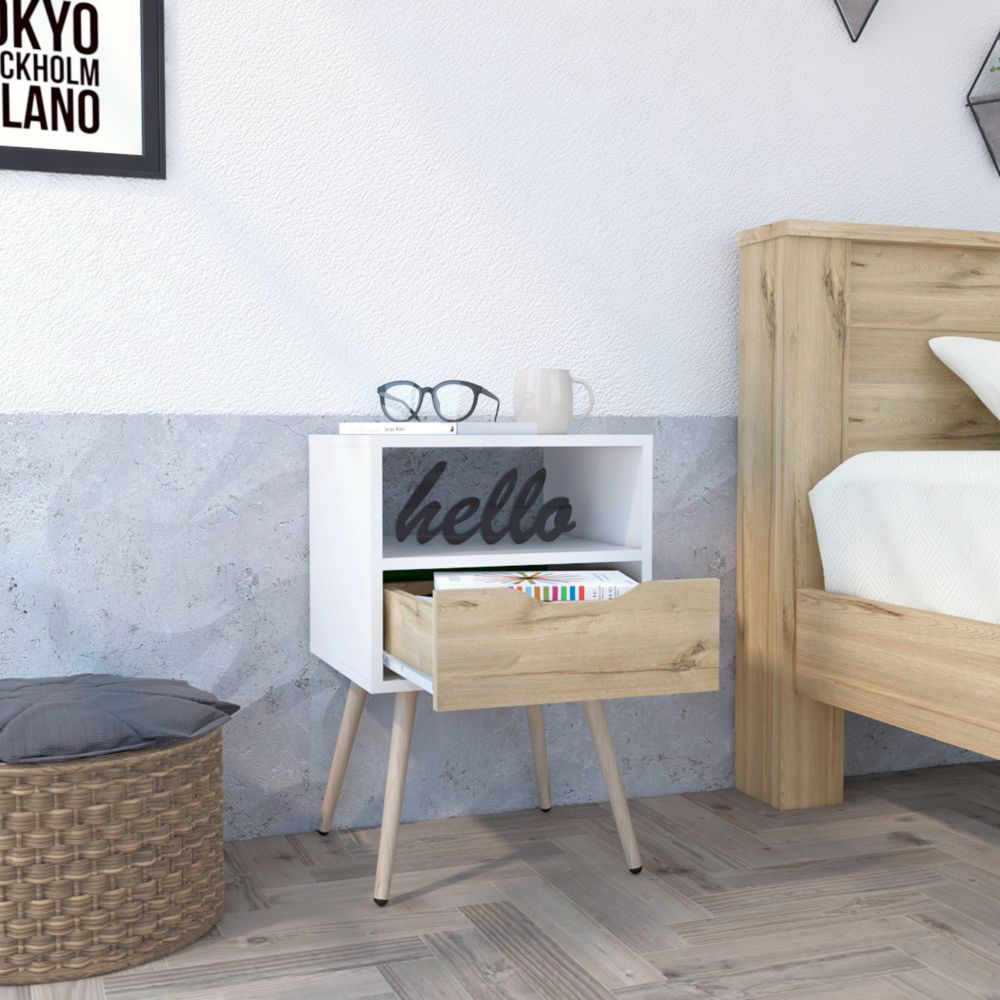 White and wood modern nightstand with open shelf and drawer