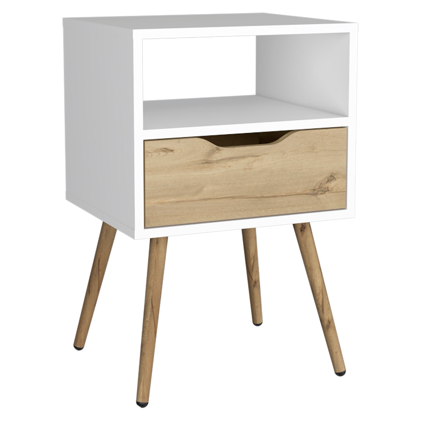 Modern white bedside table with a single drawer and open shelf featuring natural wood legs