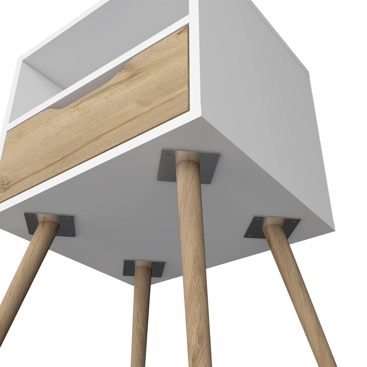 White bedside table with wooden drawer and angled legs modern design