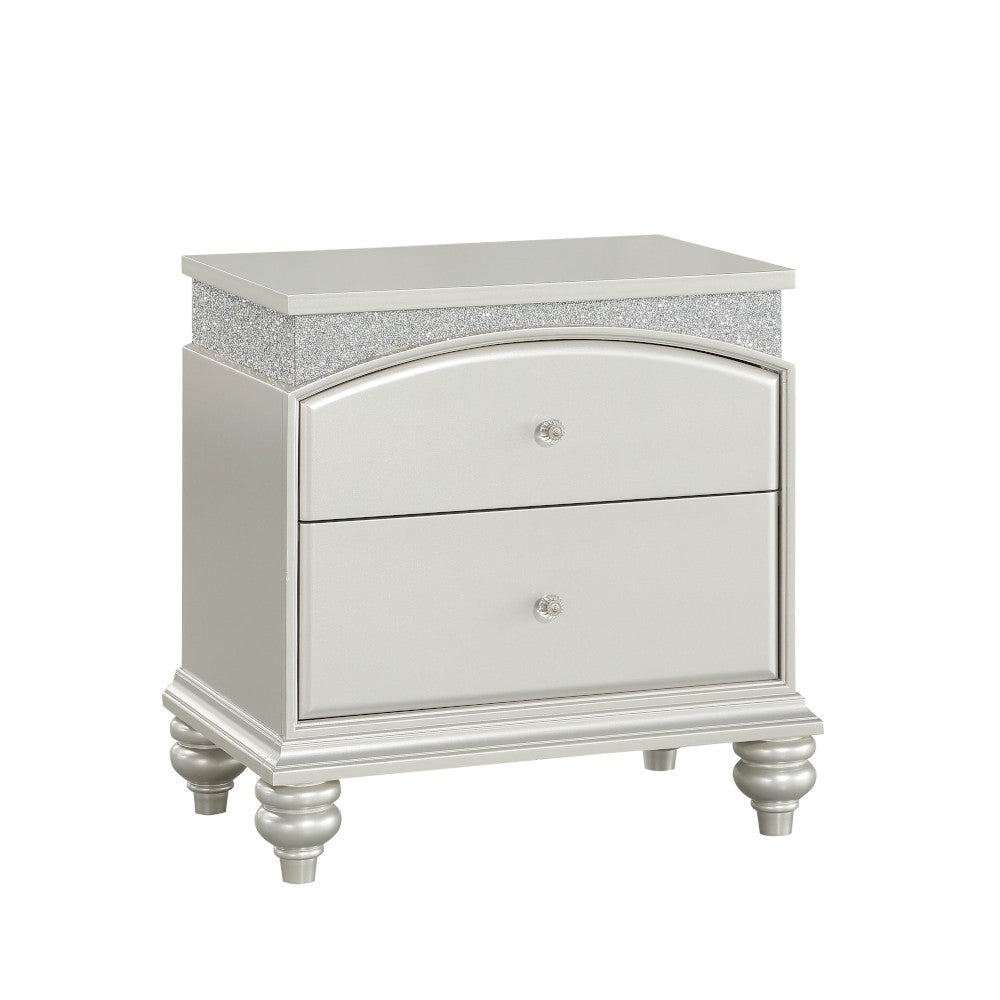 Silver twodrawer nightstand with crystal knobs and a glitterembellished top