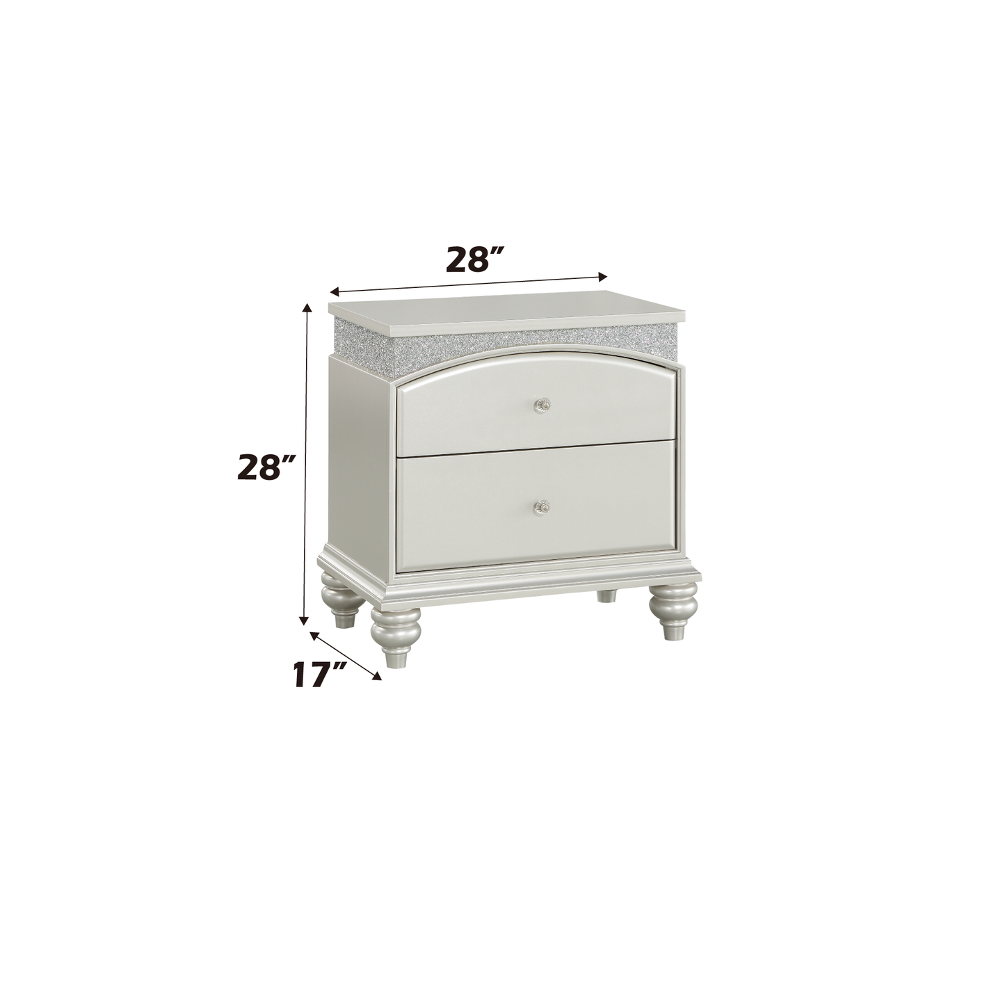 Silver twodrawer nightstand with crystal knobs and glitter accent