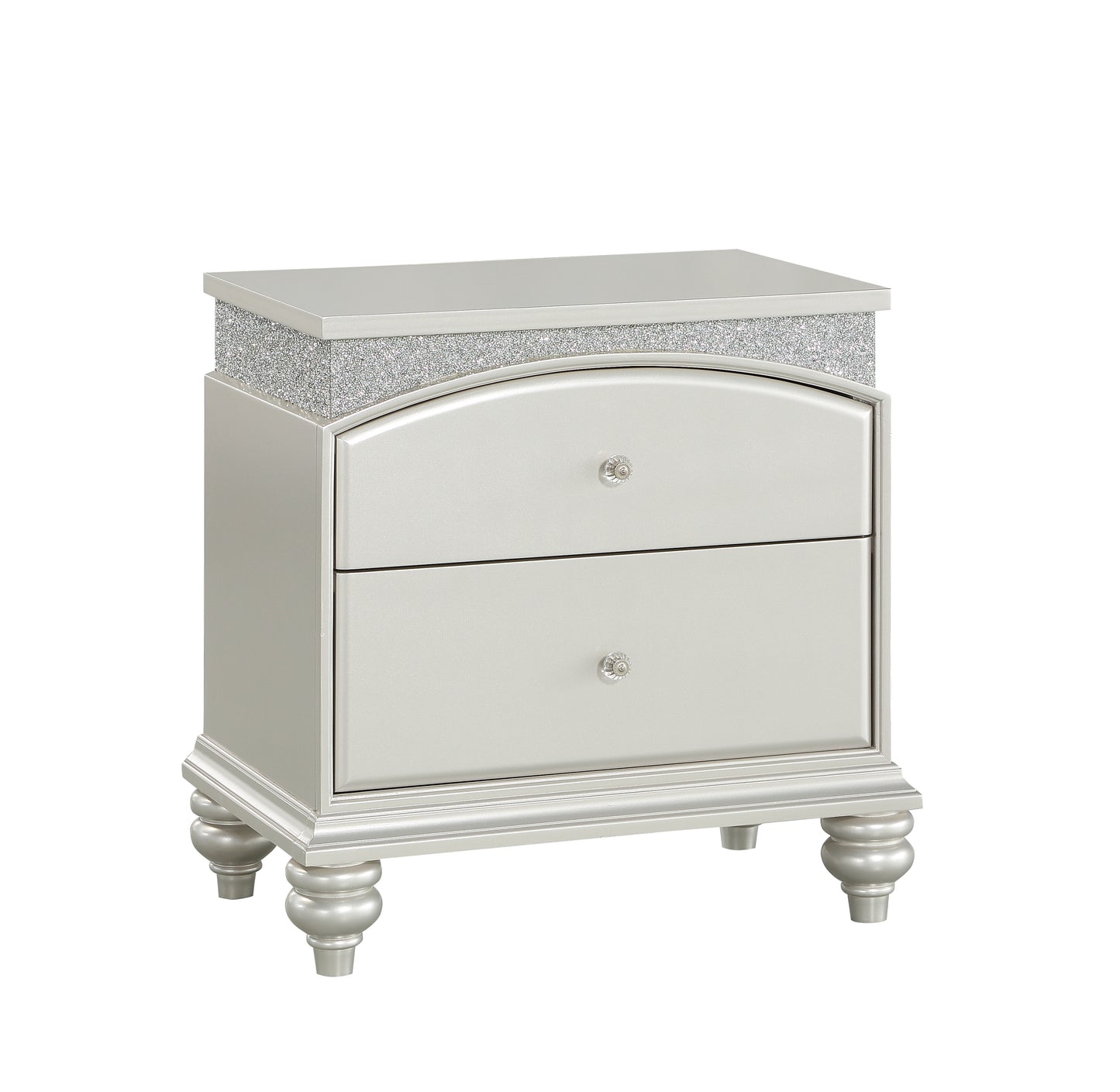 Champagne metallic nightstand with two crystalknob drawers and glitter accent