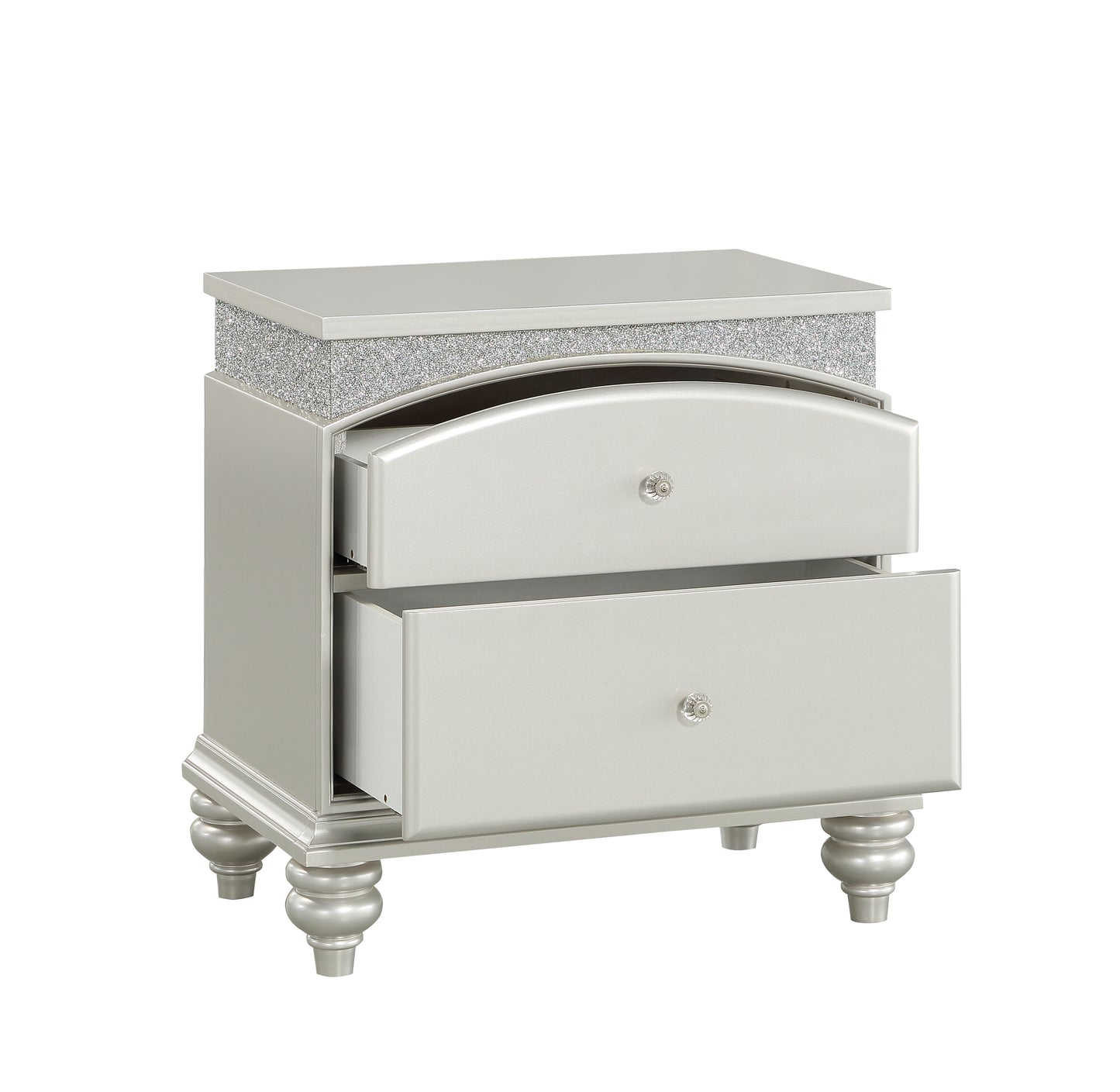Silver bedside table with two drawers and crystal knobs featuring a glitter accent band