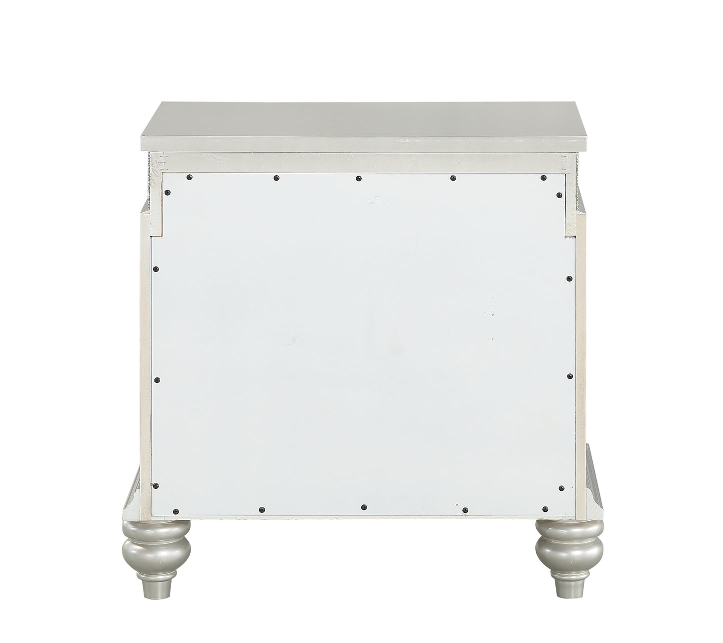 Silver ornate bedside table with decorative feet rear view