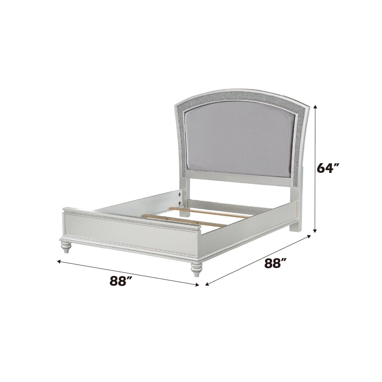 Silver glam bed frame with upholstered headboard and crystal accents long