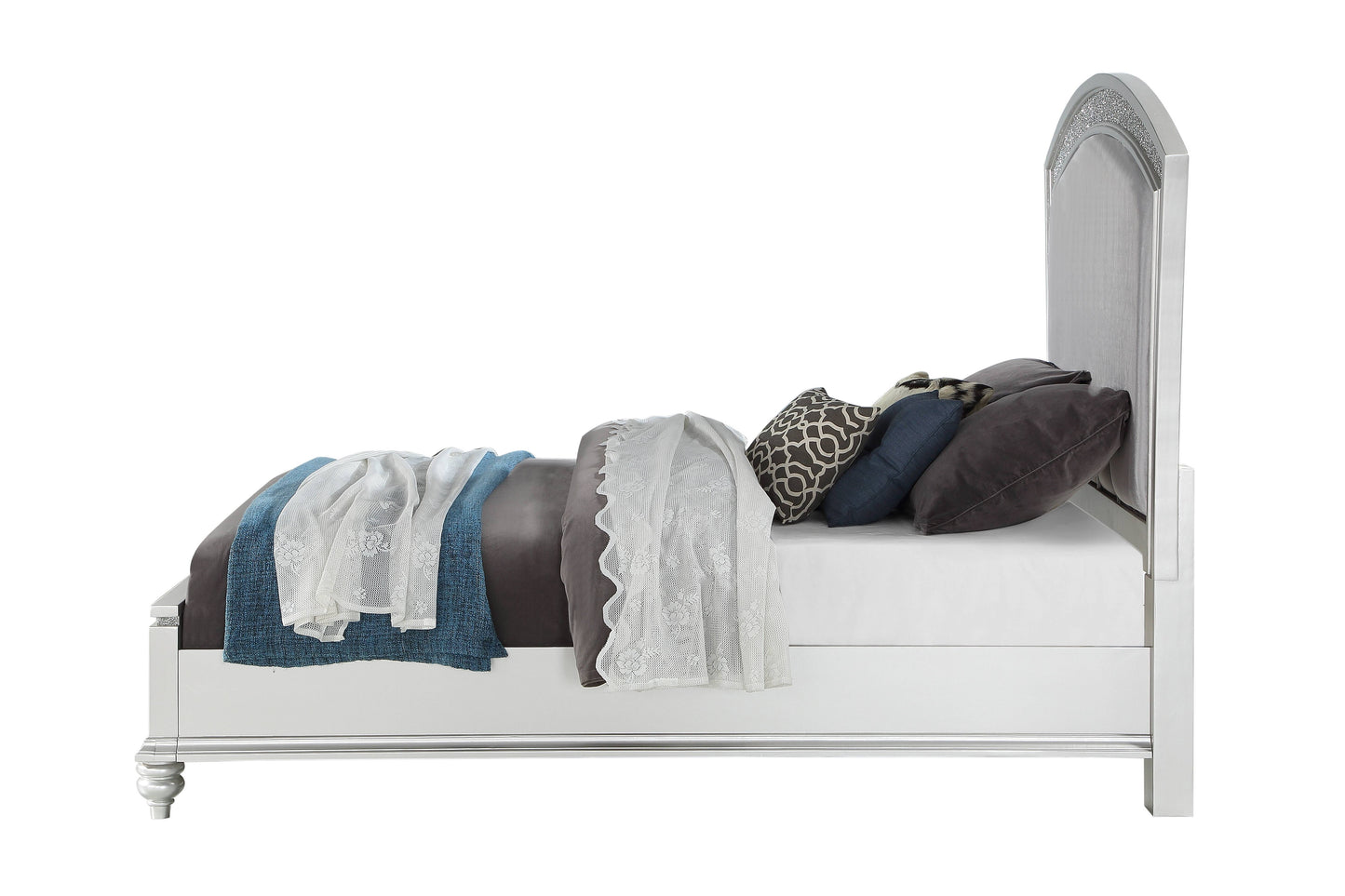 Silver upholstered bed with decorative pillows and throws queen size bed