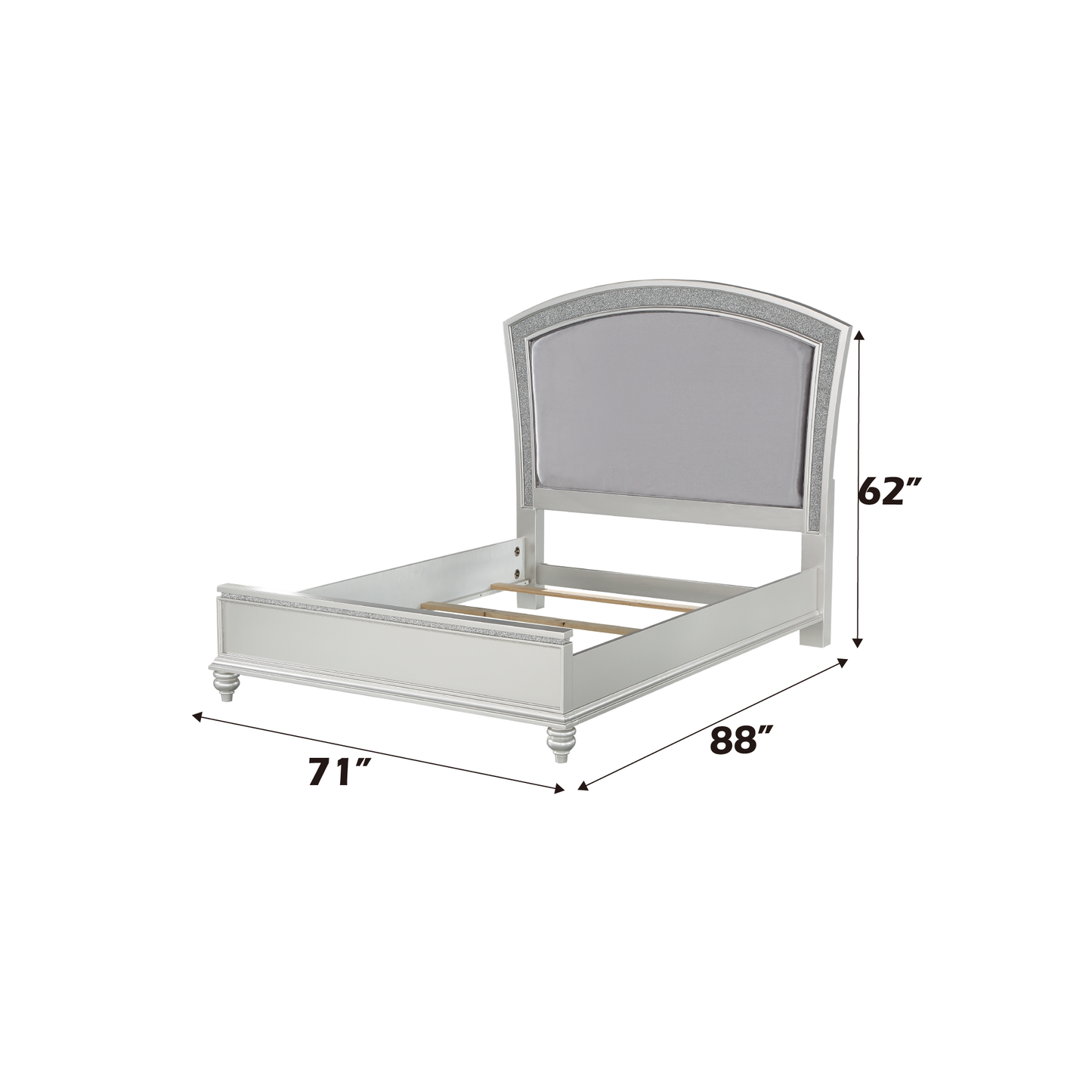 Silver upholstered bed frame with crystalaccented headboard queen size