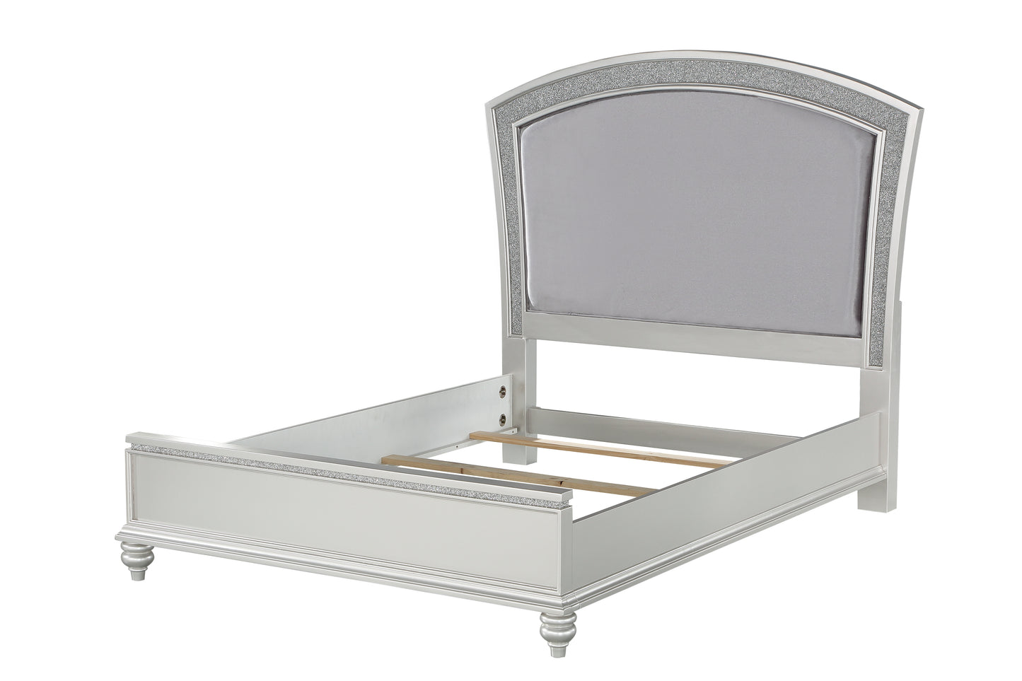Glamorous silver upholstered twin bed frame with crystal accents perfect for a childs room