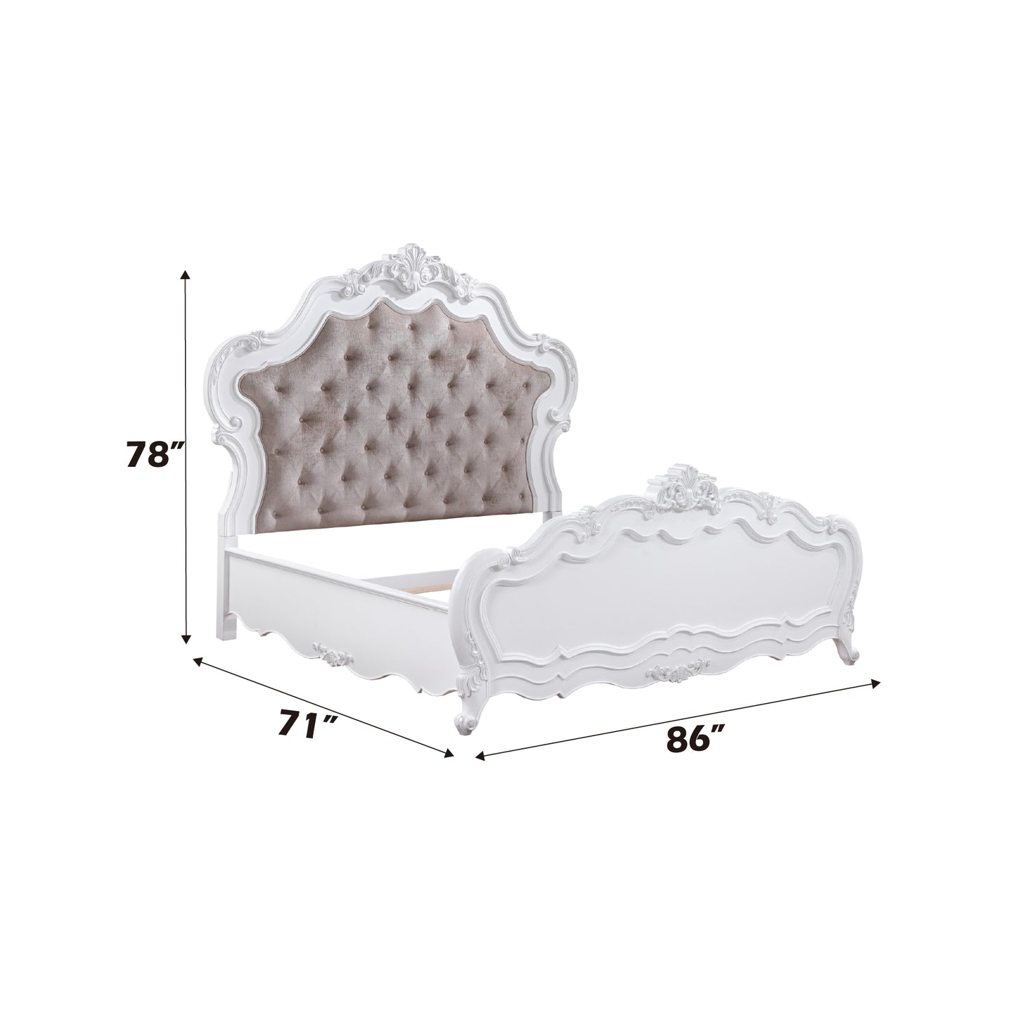 White ornate upholstered bed frame with tufted headboard inches long