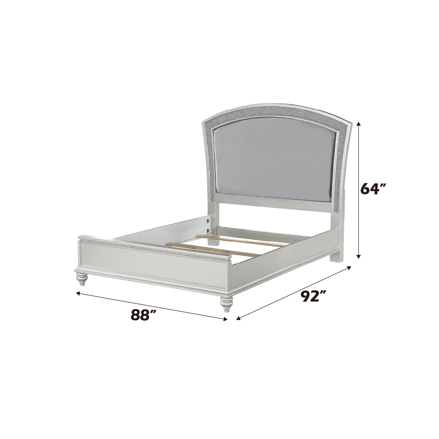 Silver upholstered bed frame with crystal accents and a curved headboard