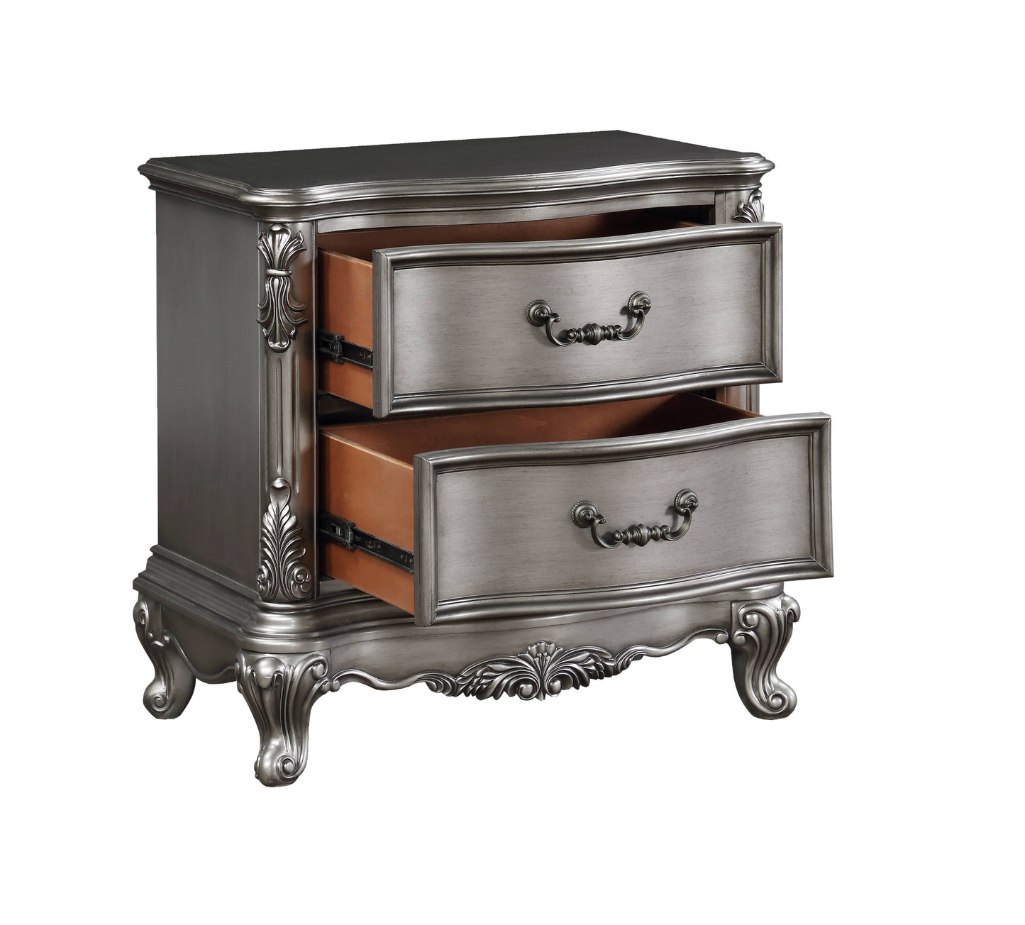 Ornate silver bedside table with two drawers and decorative antique hardware