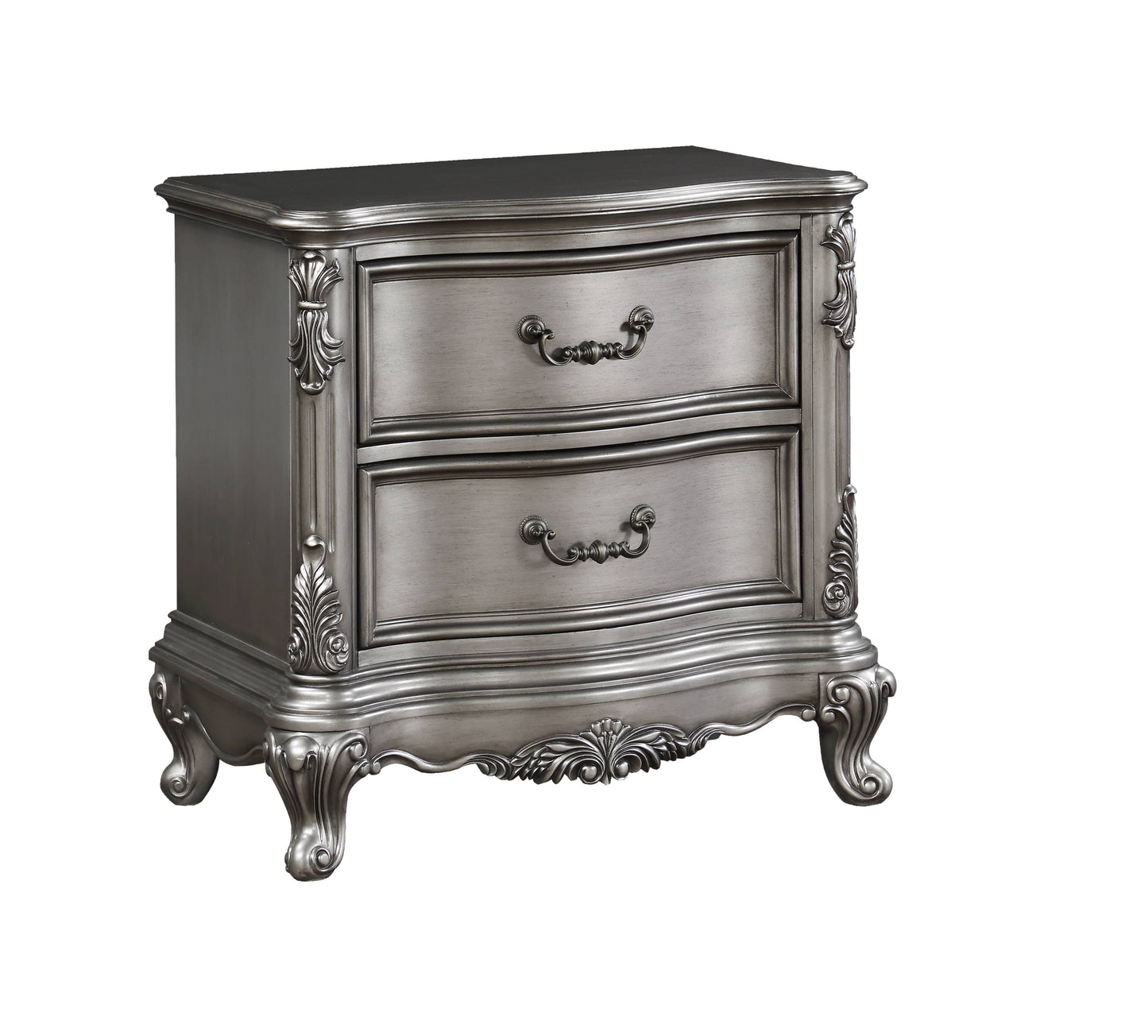 Elegant antique silver twodrawer nightstand with ornate carvings and brass pulls for bedroom storage