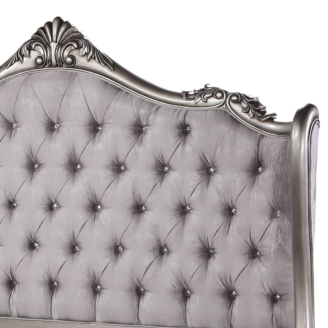 Luxury silver velvet headboard with crystal tufting and ornate trim