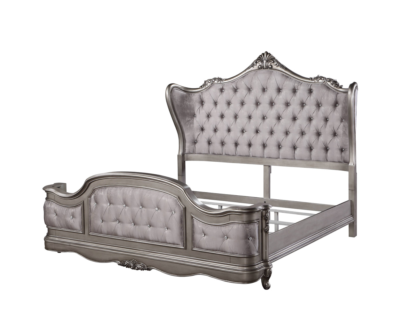 Ornate grey velvet tufted bed frame with crystal accents and carved wood details