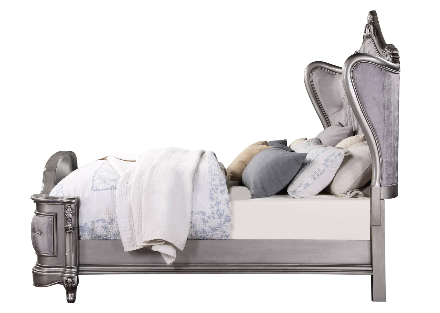 Elegant silver sleigh bed with tufted headboard and upholstered side panels