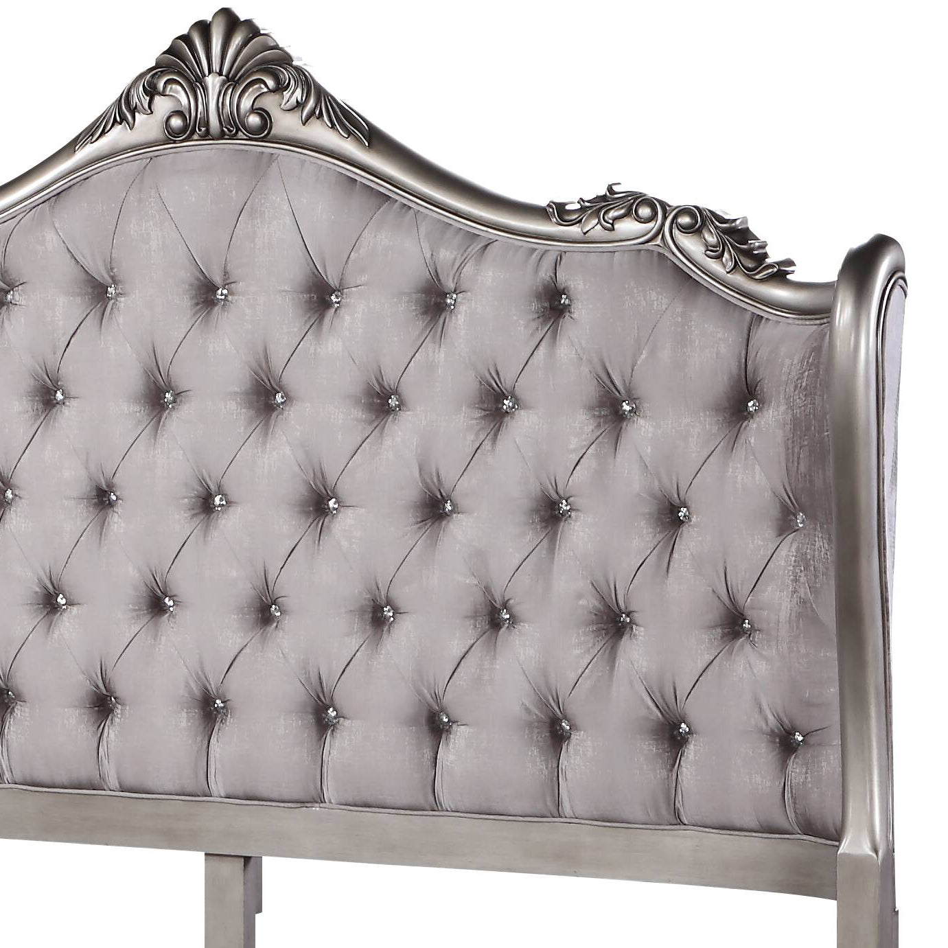 Silver velvet tufted headboard with crystal accents and ornate detailing