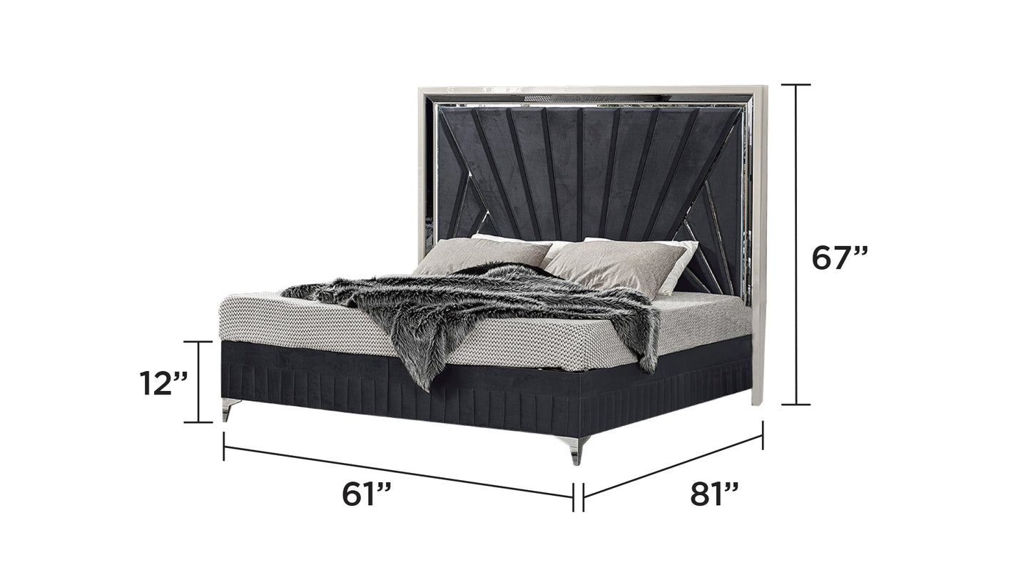 Luxurious king size bed with dark grey velvet headboard and mirrored frame
