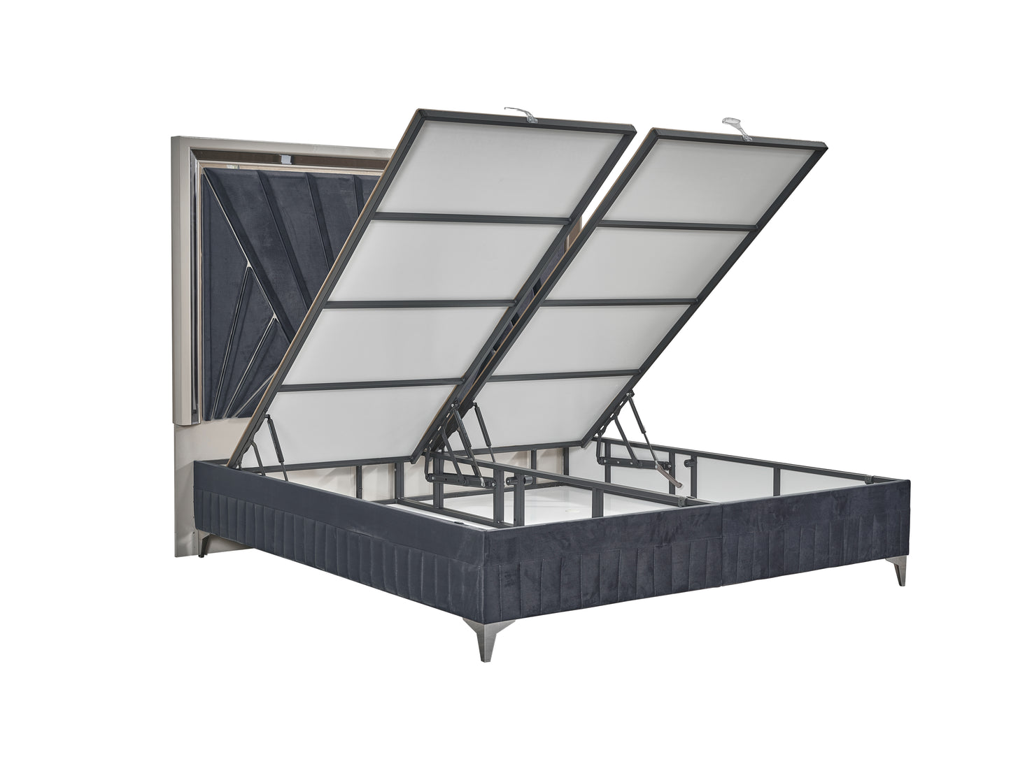 Dark gray upholstered storage bed frame with raised lid featuring metallic legs and a padded headboard