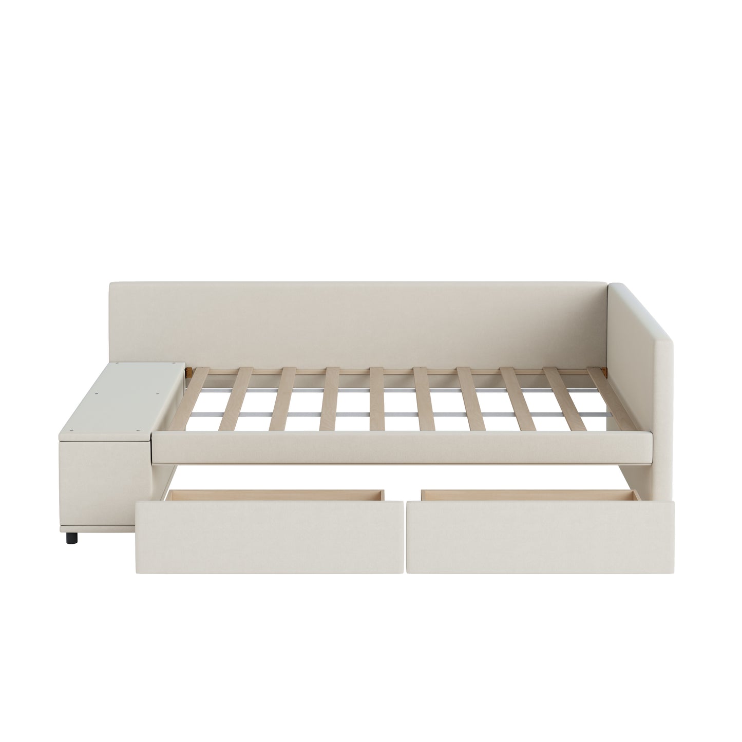 Cream fabric daybed with open storage drawers and side unit