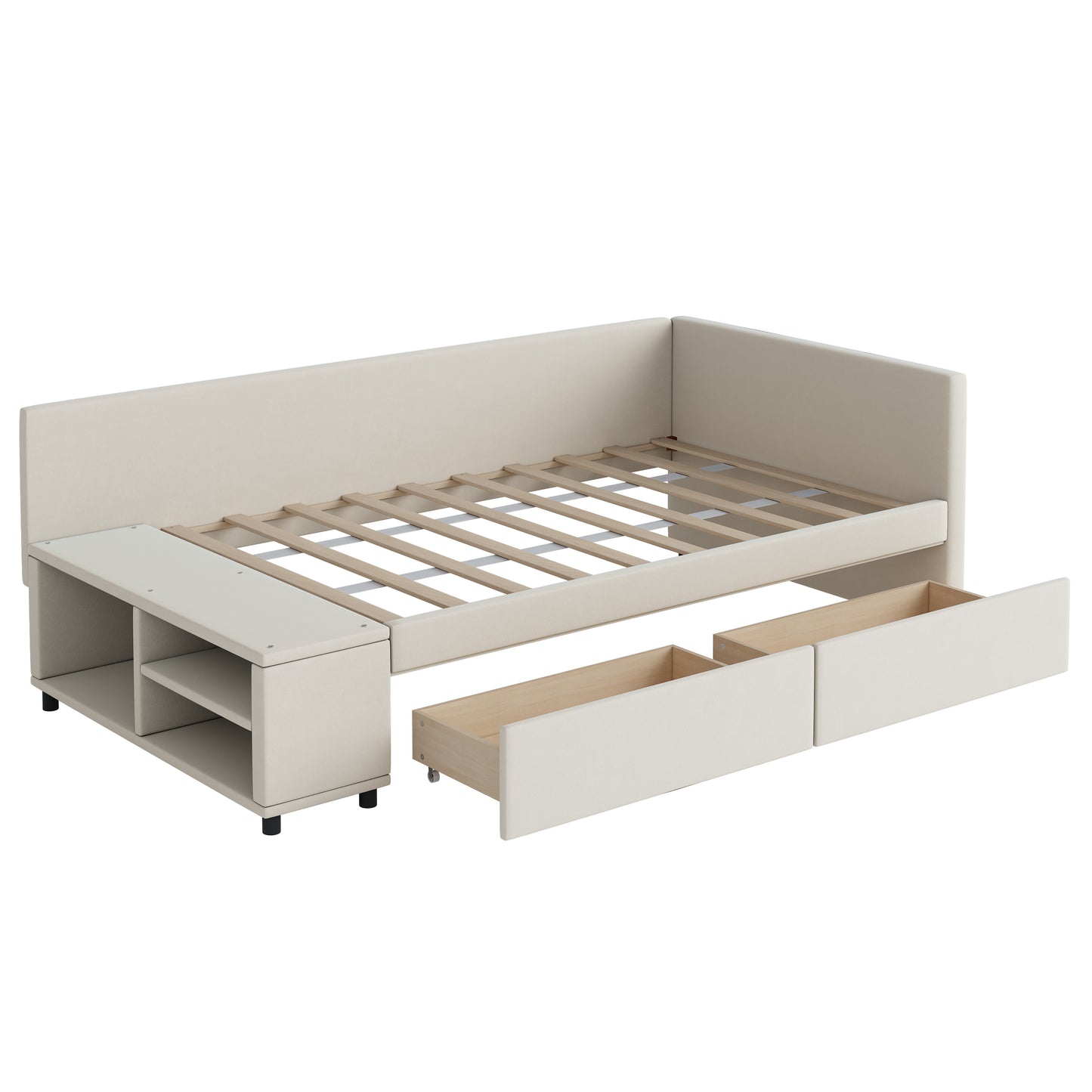 Beige upholstered sofa bed with pullout storage drawers and integrated side shelving unit
