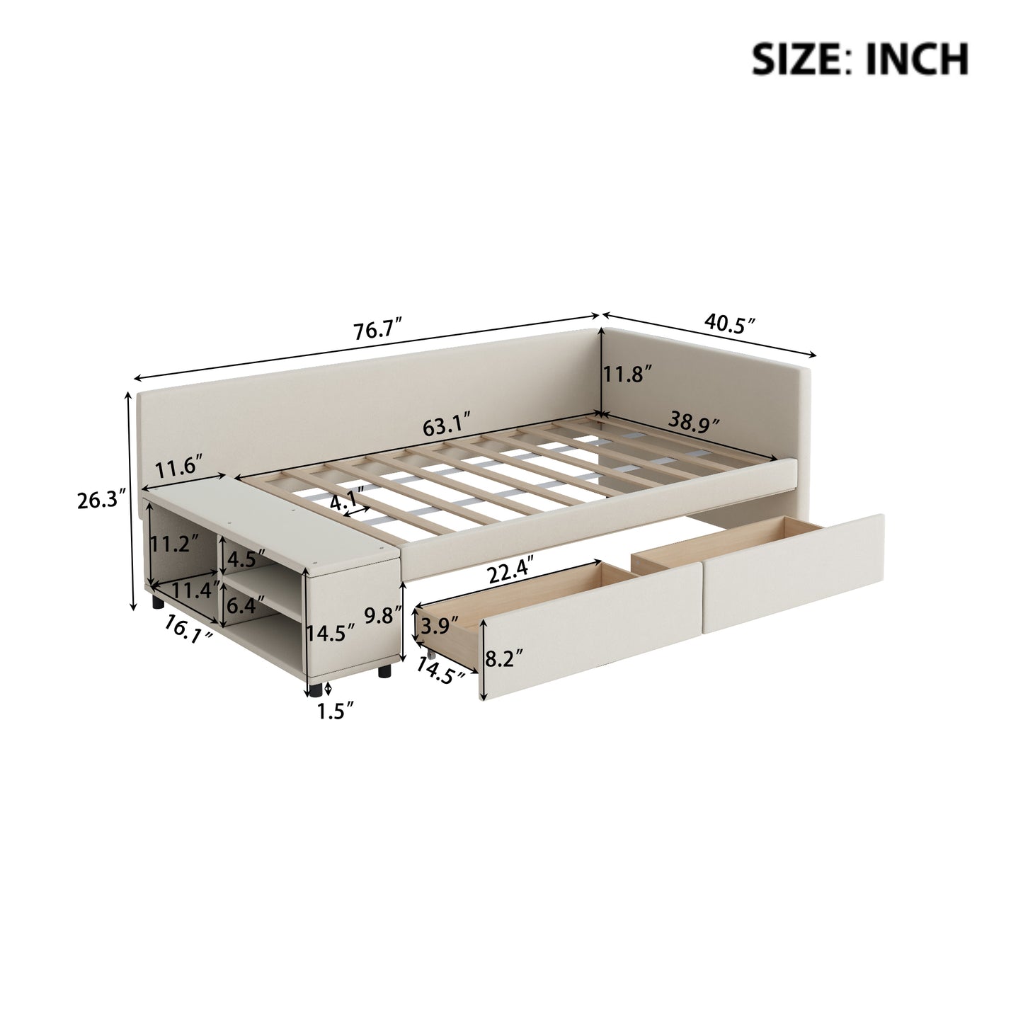 Beige upholstered daybed with builtin shelves and two storage drawers inches length
