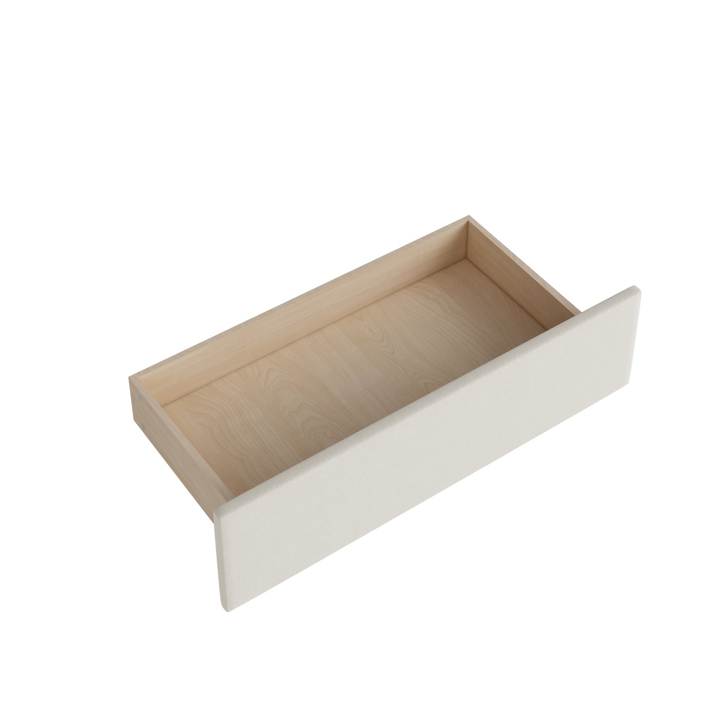 Beige upholstered drawer front with natural wood interior perfect for bedroom furniture