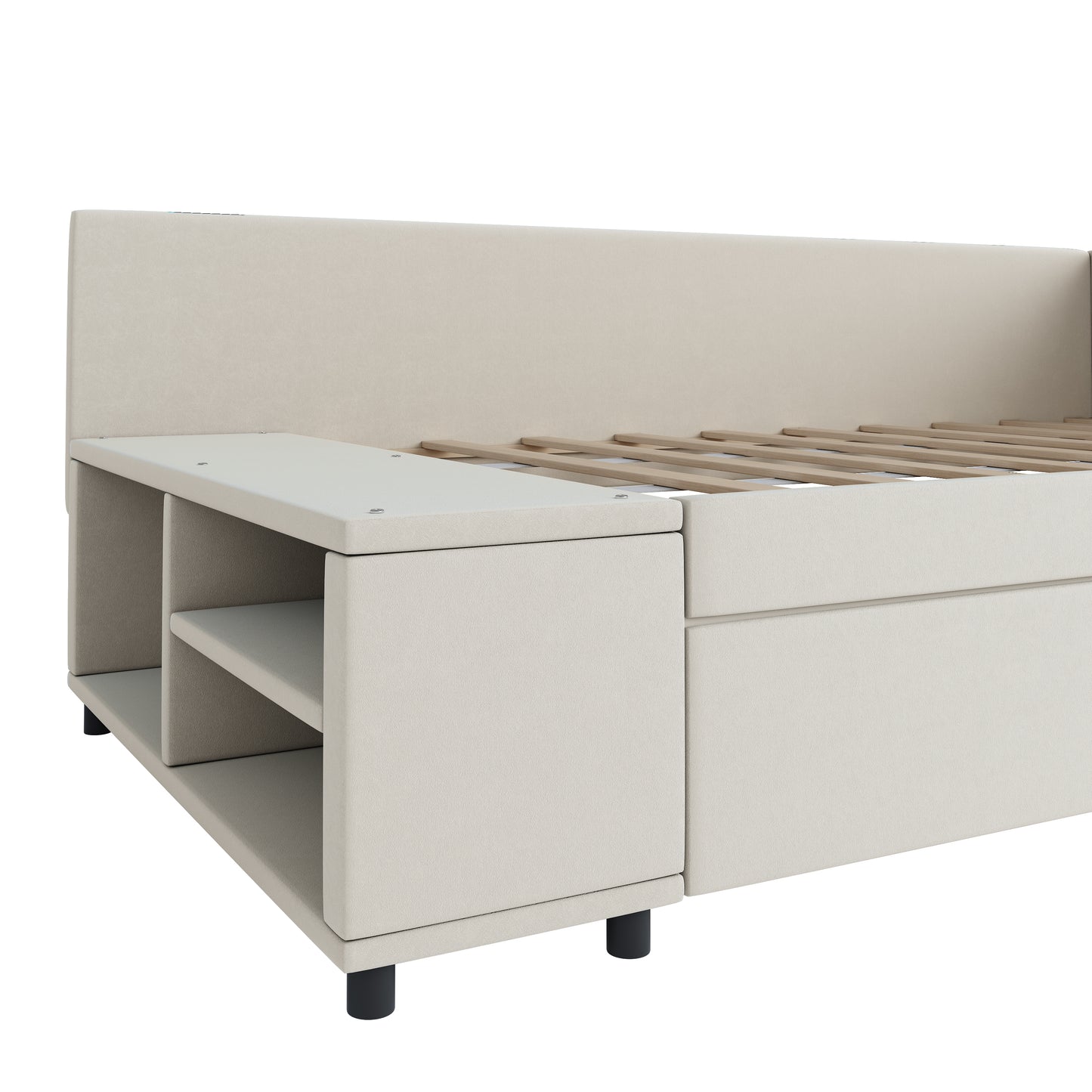 Beige upholstered storage bed with open shelving unit and wood slats