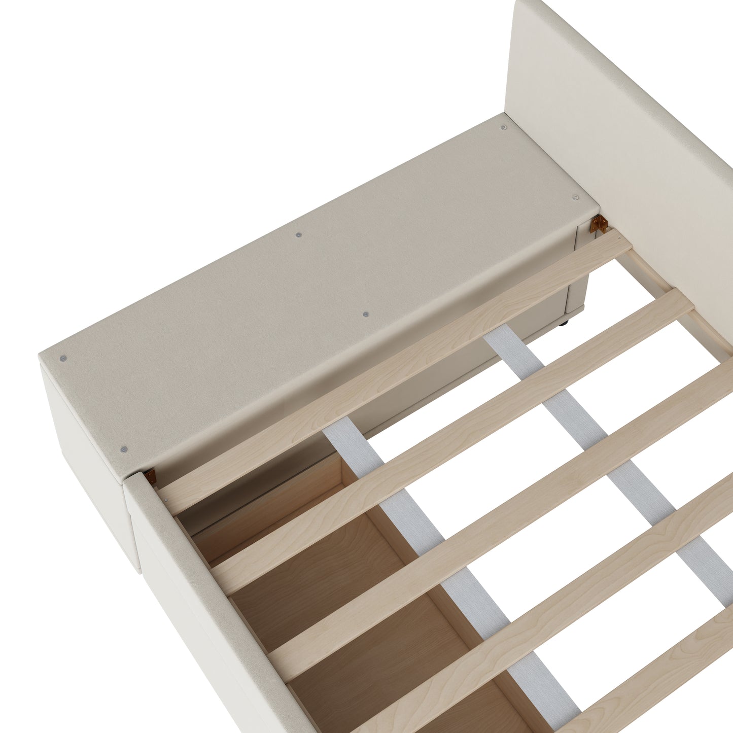 Cream upholstered bed frame with visible wooden slats and storage drawers