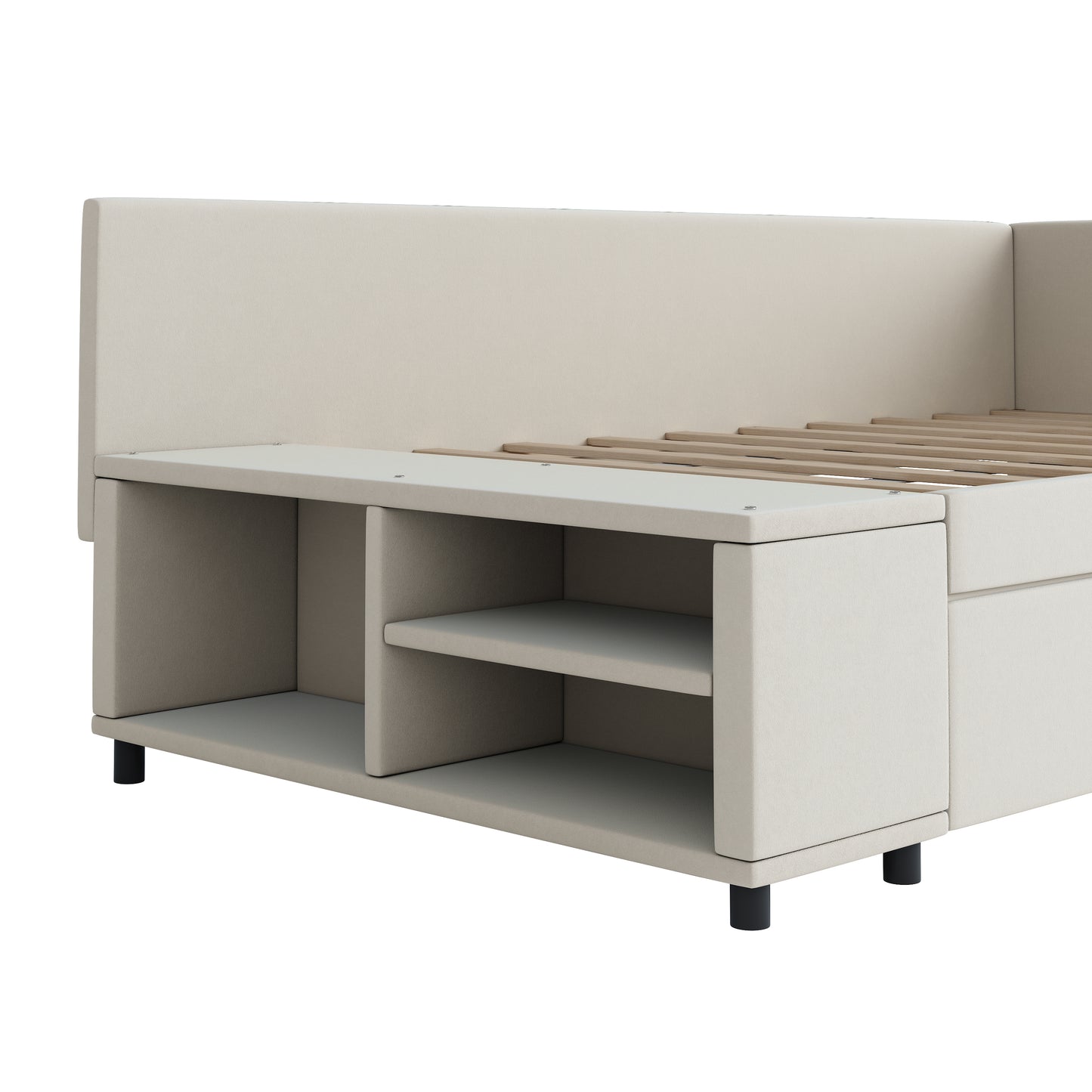 Beige upholstered bed frame with integrated storage shelves and wooden slats