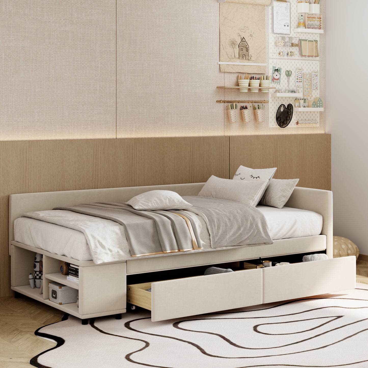 Beige upholstered daybed with storage drawers and open shelving perfect for small bedrooms