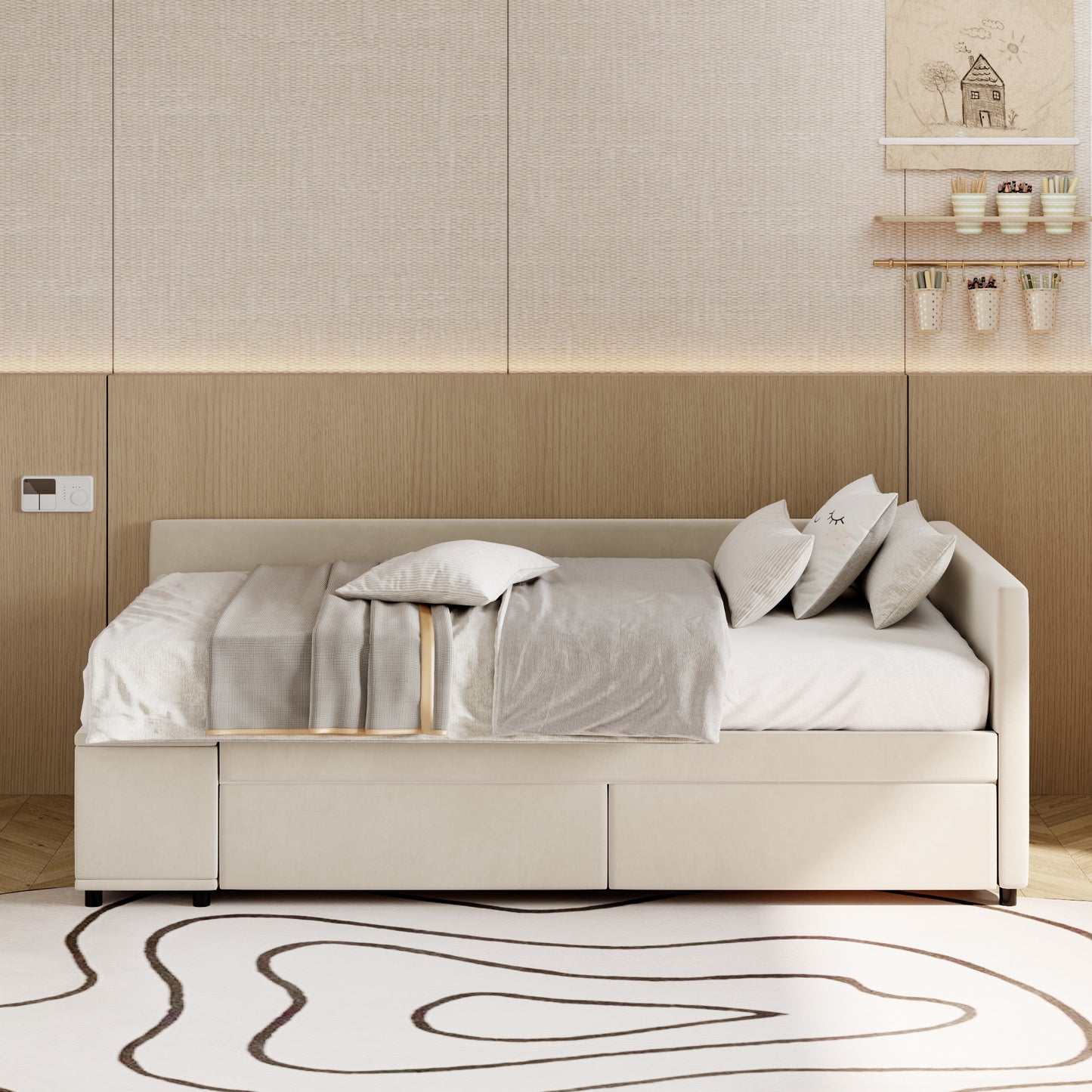 Neutral beige upholstered daybed with cream bedding and striped pillows