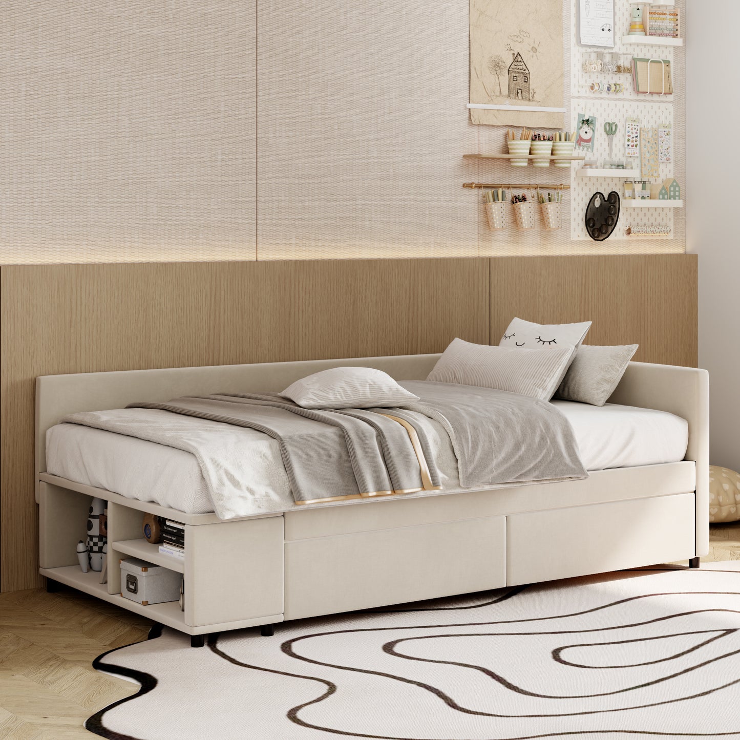 Upholstered daybed in cream velvet with integrated storage drawers perfect for a childs room
