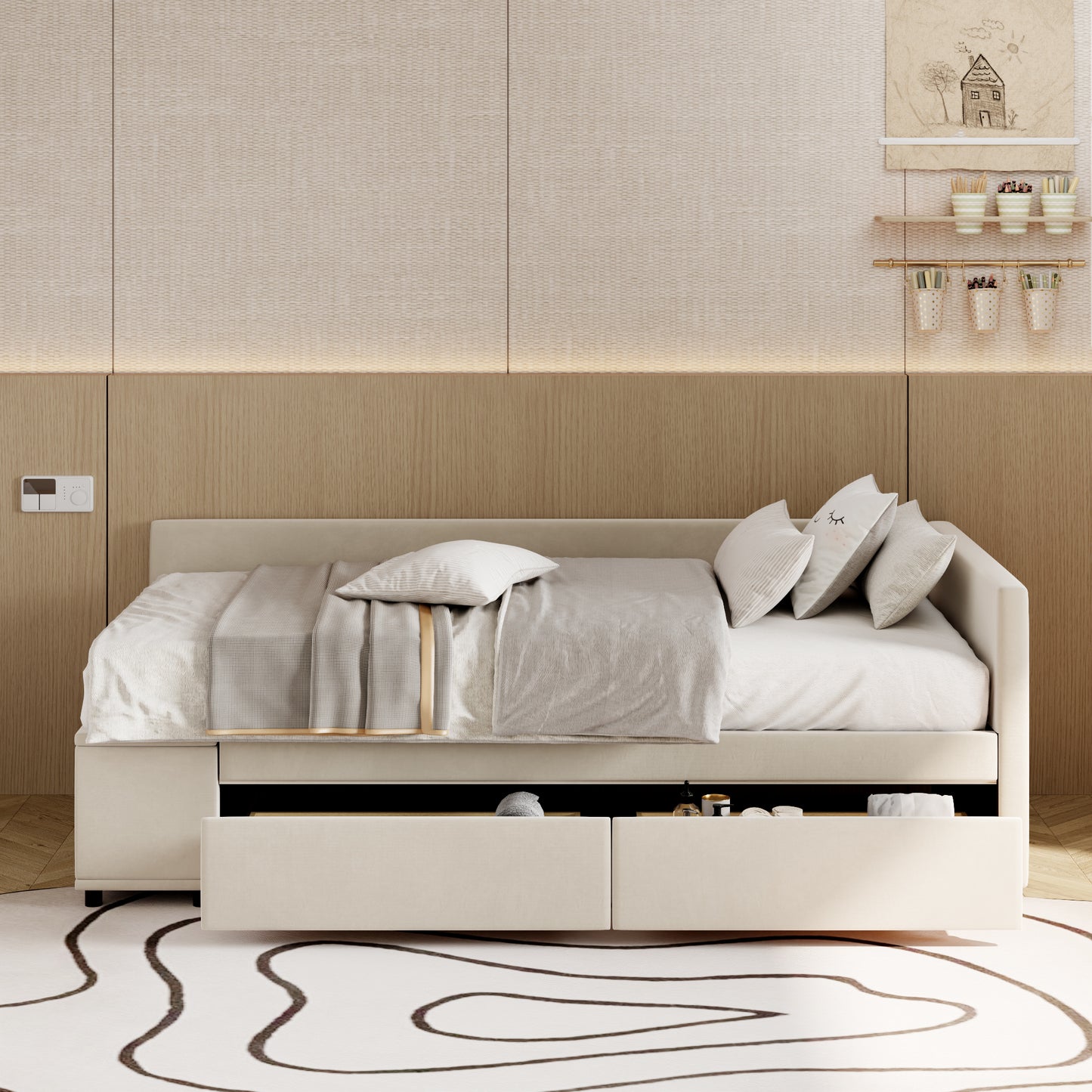 Upholstered daybed in cream with two drawers and plush pillows perfect for guest rooms