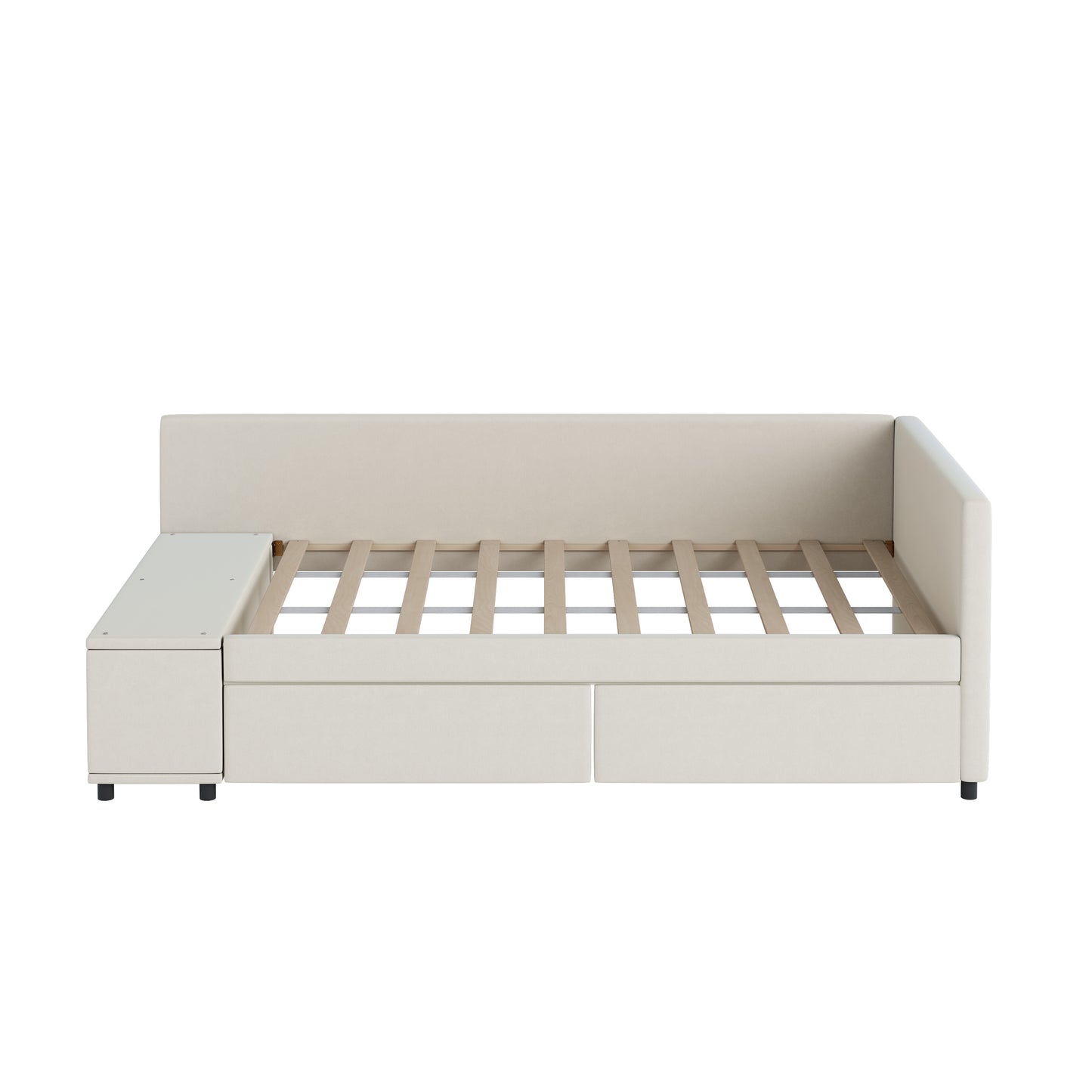 Cream upholstered daybed with dual drawers and integrated side storage