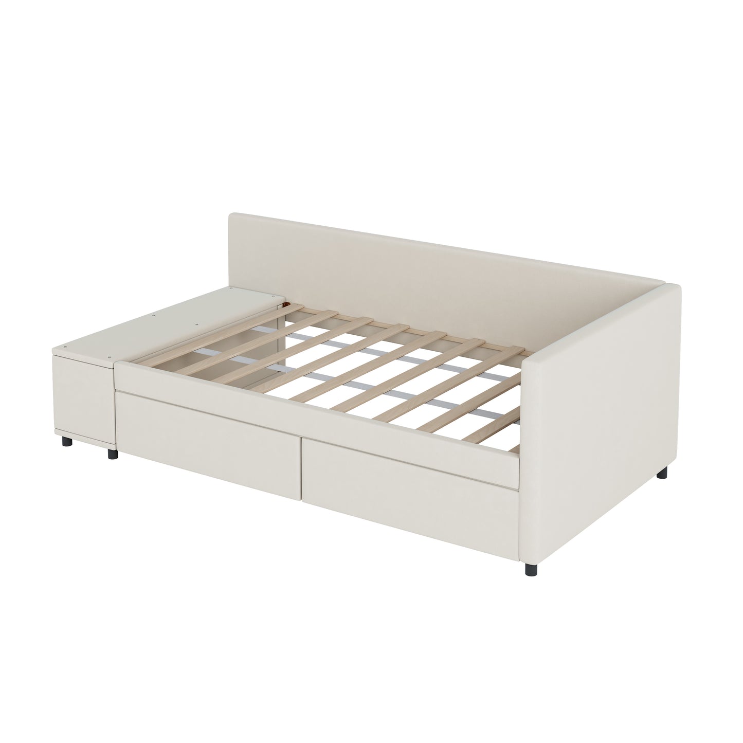 Cream upholstered daybed with storage drawers and wooden slat support
