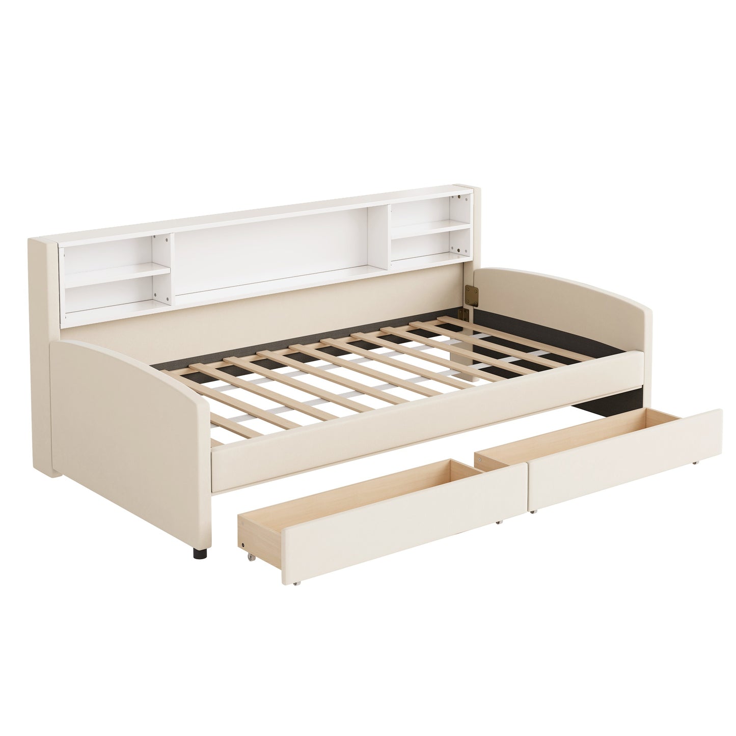 Cream upholstered daybed with builtin shelves and two storage drawers perfect for small spaces